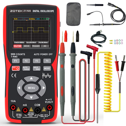 ZOTEK ZT-702S 2-in-1 Oscilloscope Multimeter with 2.8 Inch IPS Display,9999 Counts, Single Channel 10MHZ Bandwidth,48MSa/s High Real-time Sampling Rate,±400V Input Voltage,Measures Ohm-Volt-Tester