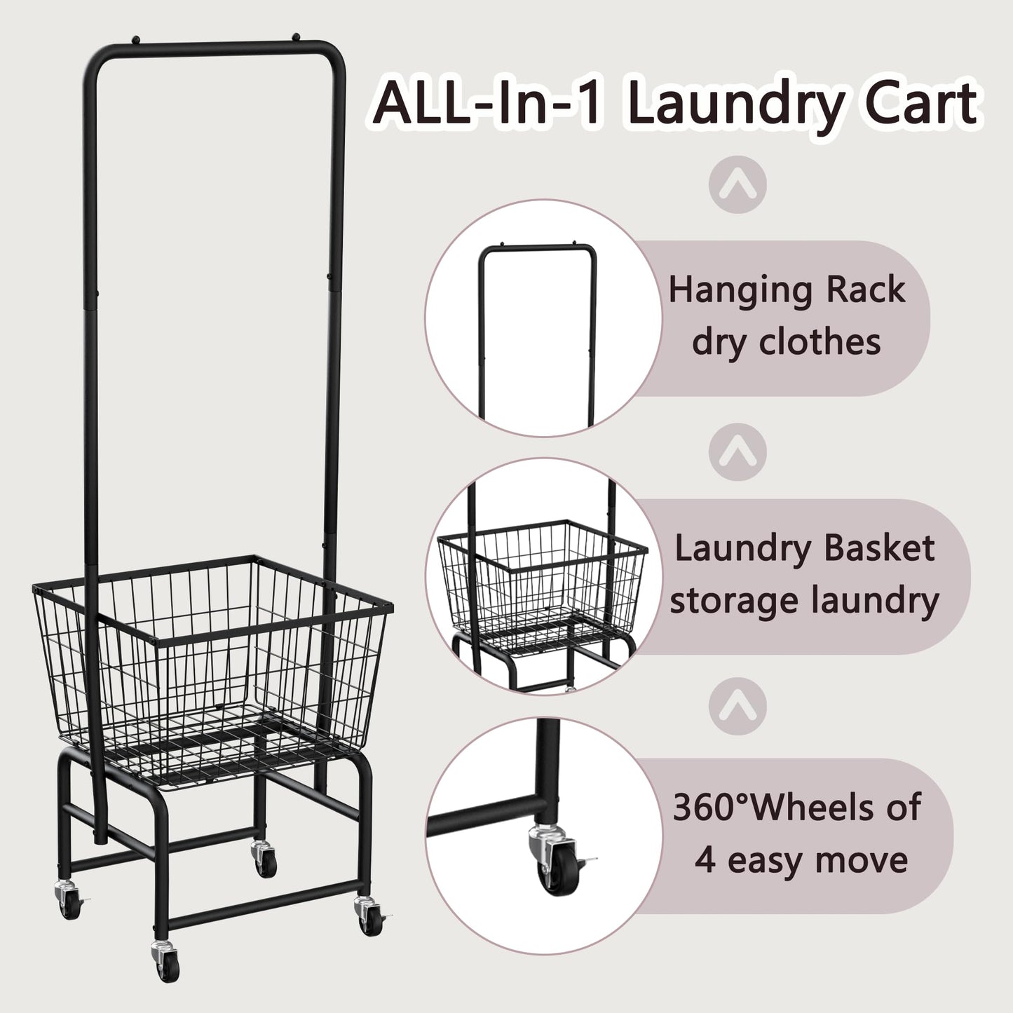 SIMHOMSTOR Rolling Laundry Cart with Wheels, Laundry Hamper Basket Organizer with Clothes Hanging Rack, Wire Storage Cloth Shelf Butler, Black