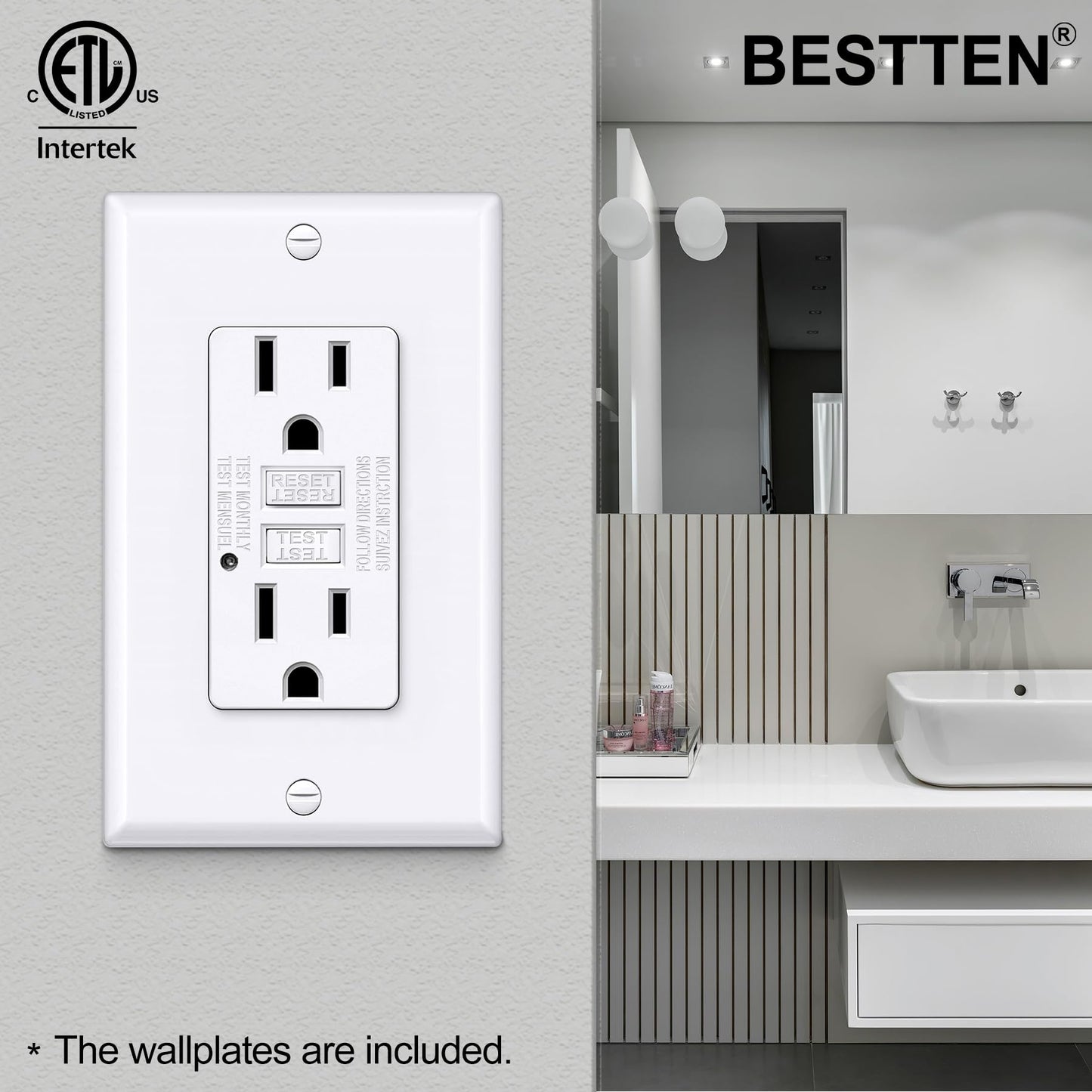 BESTTEN GFCI Outlet 15 Amp, GFI Receptacle Outlet with LED Indicator, Ground Fault Circuit Interrupter, Non-Tamper-Resistant, Wallplate Included, ETL Certified, 10 Pack, White