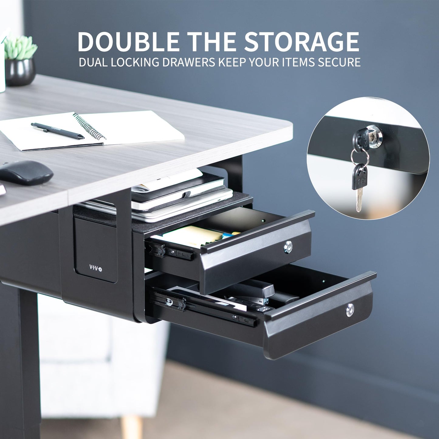 VIVO 13 inch Under Desk Double Stacked Slide Out Drawers with Lock, Secure Home Office Storage Organizer, Black, DESK-AC03L-2B