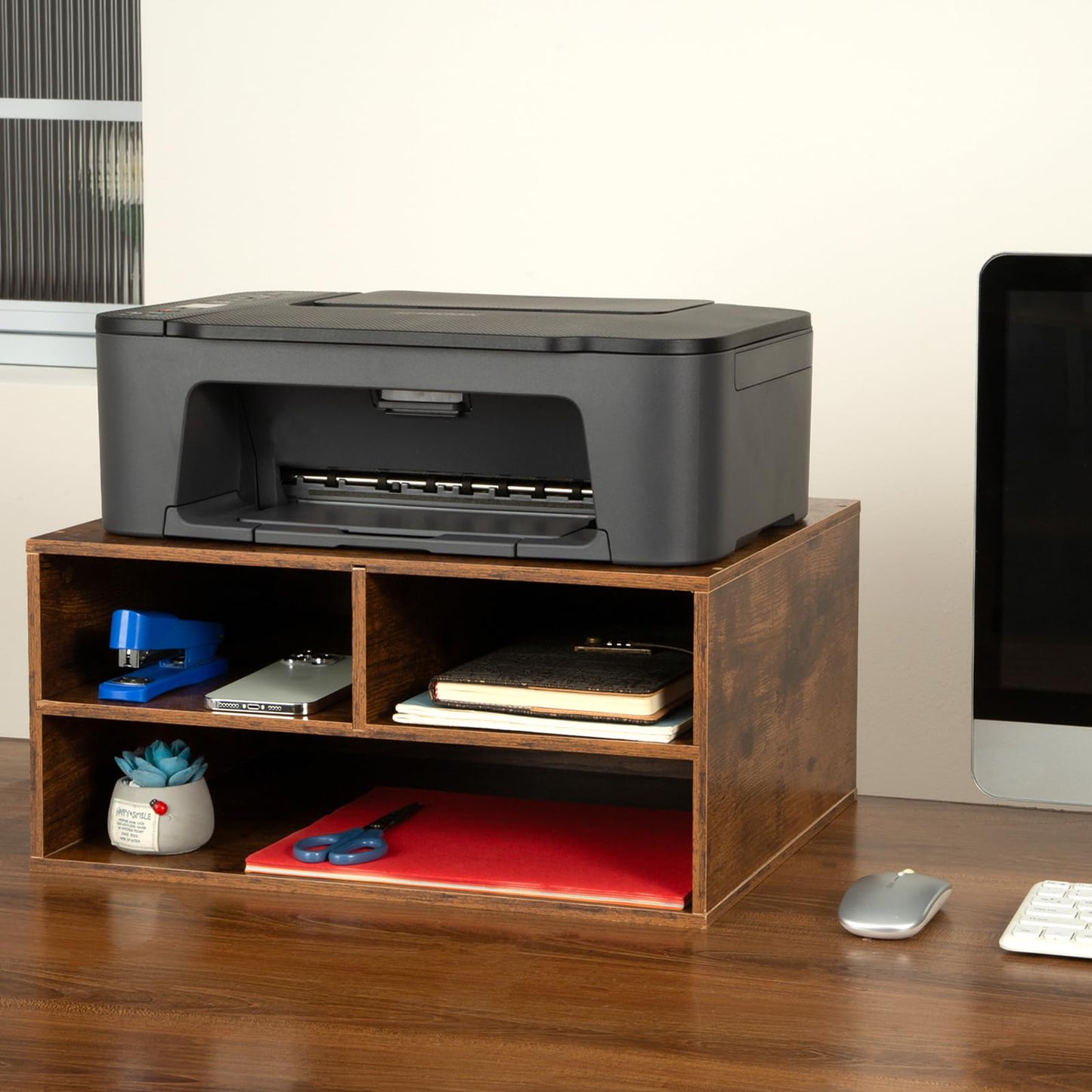 EMERIT Printer Stand Shelf with Storage Wood Desk Paper Organizer for Home/Office, Printer Riser, 2 Tier