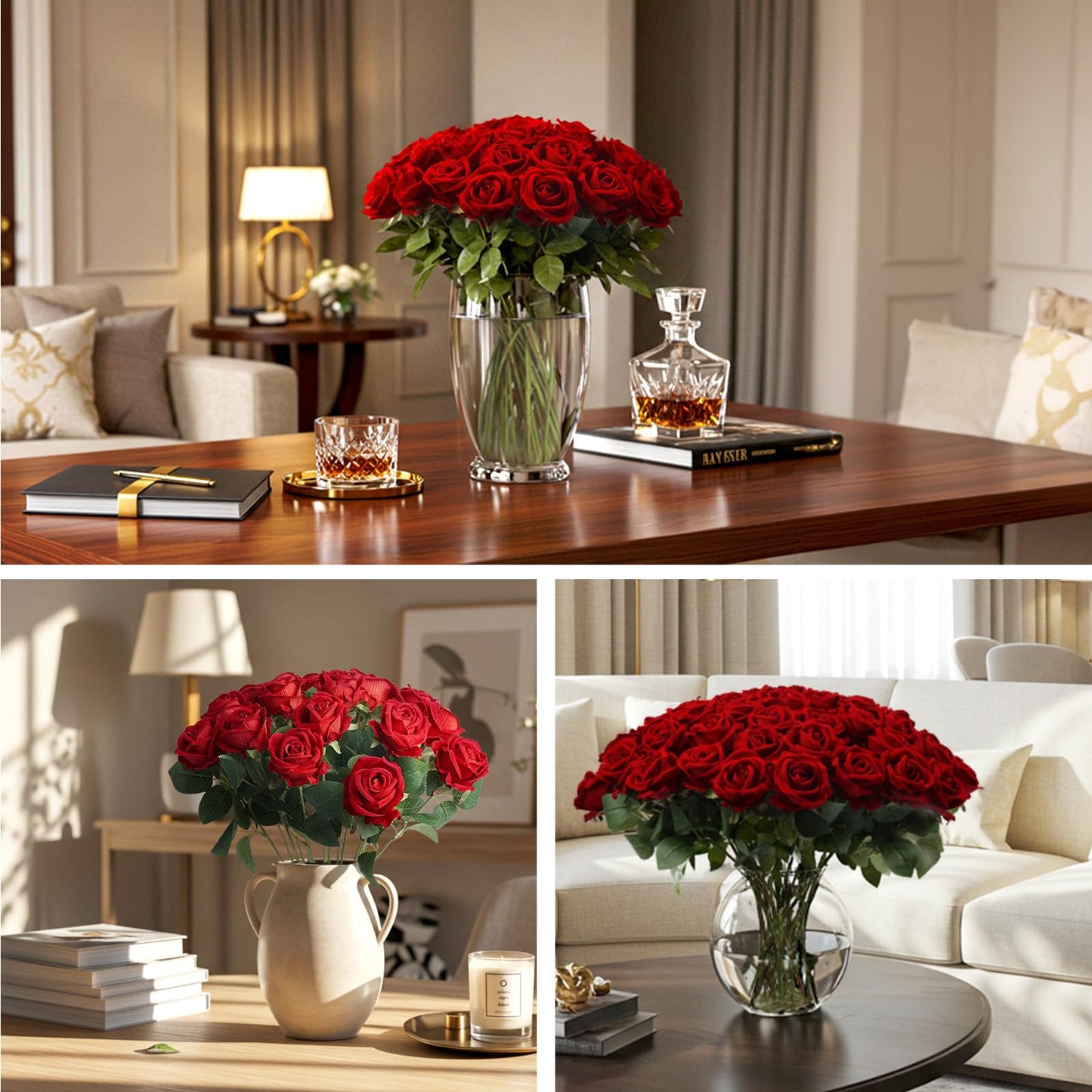 60Pcs Red Roses Artificial Flowers, Velvet Silk Faux Roses, Realistic Red Flowers for Father's Day, Wedding Centerpieces, Cake, Bridal Bouquets, Home Decor, Anniversary, Valentine's Day Decorations