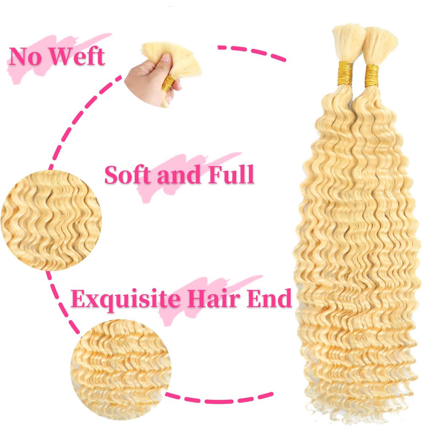 Blonde Braiding Hair 100g 18 Inch Deep Curly Wave 2 Bundles Bulk Human Hair for Braiding Brazilian Virgin Deep Braiding Hair for Boho Braids Wet and Wavy Color 613 Blonde Braiding Human Hair