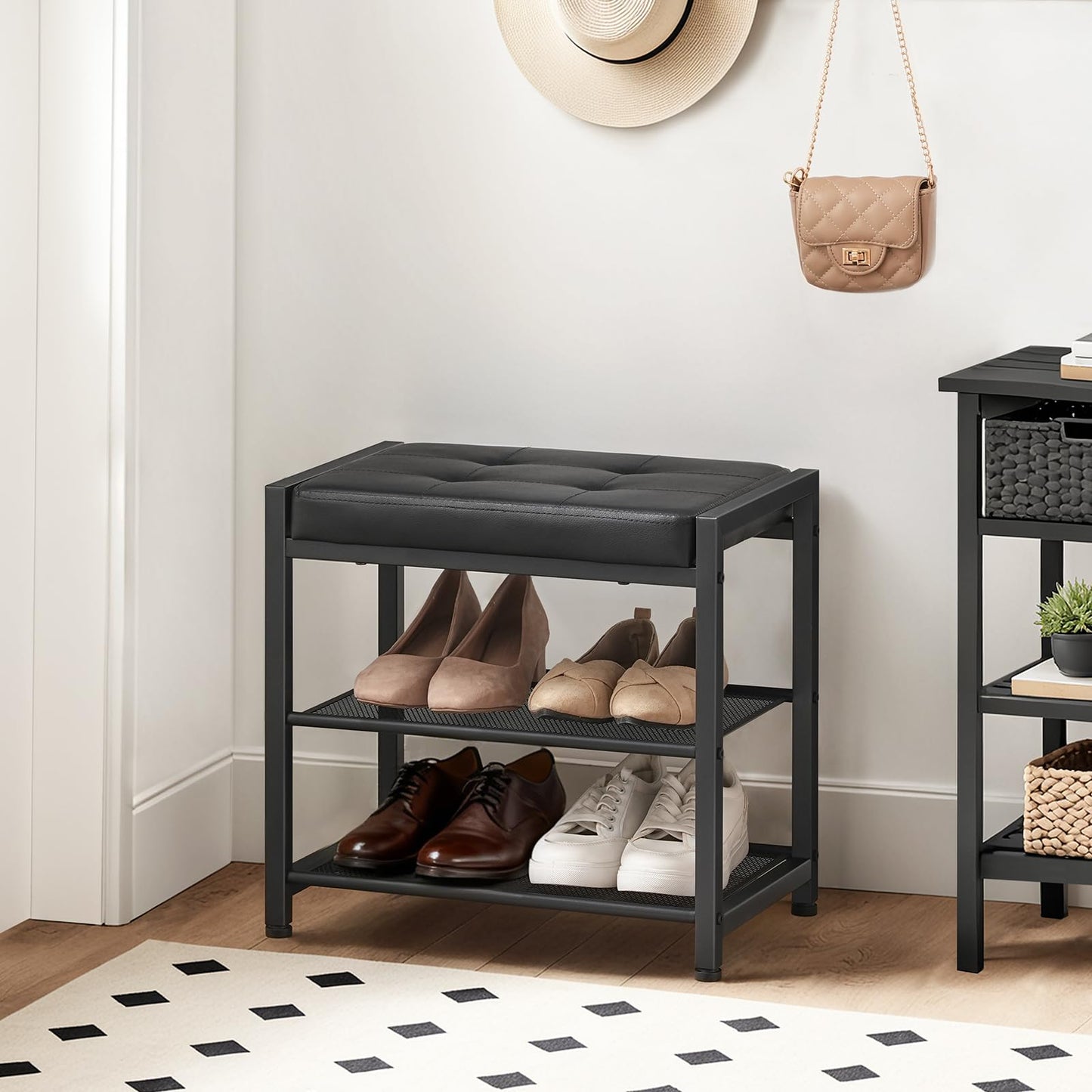 HOOBRO Small Shoe Bench, 3-Tier Shoe Rack, Shoe Storage Bench with PU Seat Cushion, Entryway Shoe Rack Bench with Metal Mesh Shelves, Freestanding Shoe Organizer for Hallway, Black BB33HX01