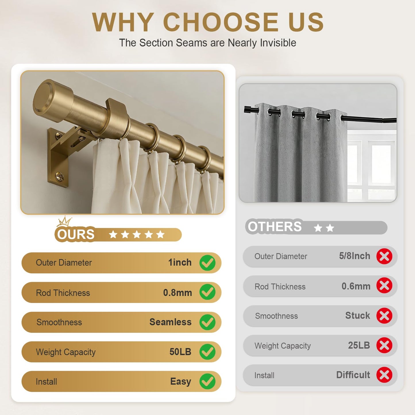 Warm Gold Brass Curtain Rod 36-144 Inches Adjustable, 1" Diameter Heavy Duty Window Rod with Solid Aluminum Finials & Heavy Duty Brackets for Bedroom Living Room Kitchen