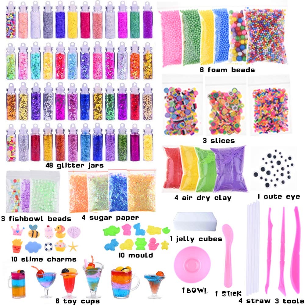 Slime Kit, 135 Pack Slime Making Kit 30 Crystal Slime, Glitter Jars, Charms, Sugar Paper, Foam Beads, Fishbowl Beads, Toy Cups, Slices, Air Dry Clay and Tools for Kids Girls by WINLIP