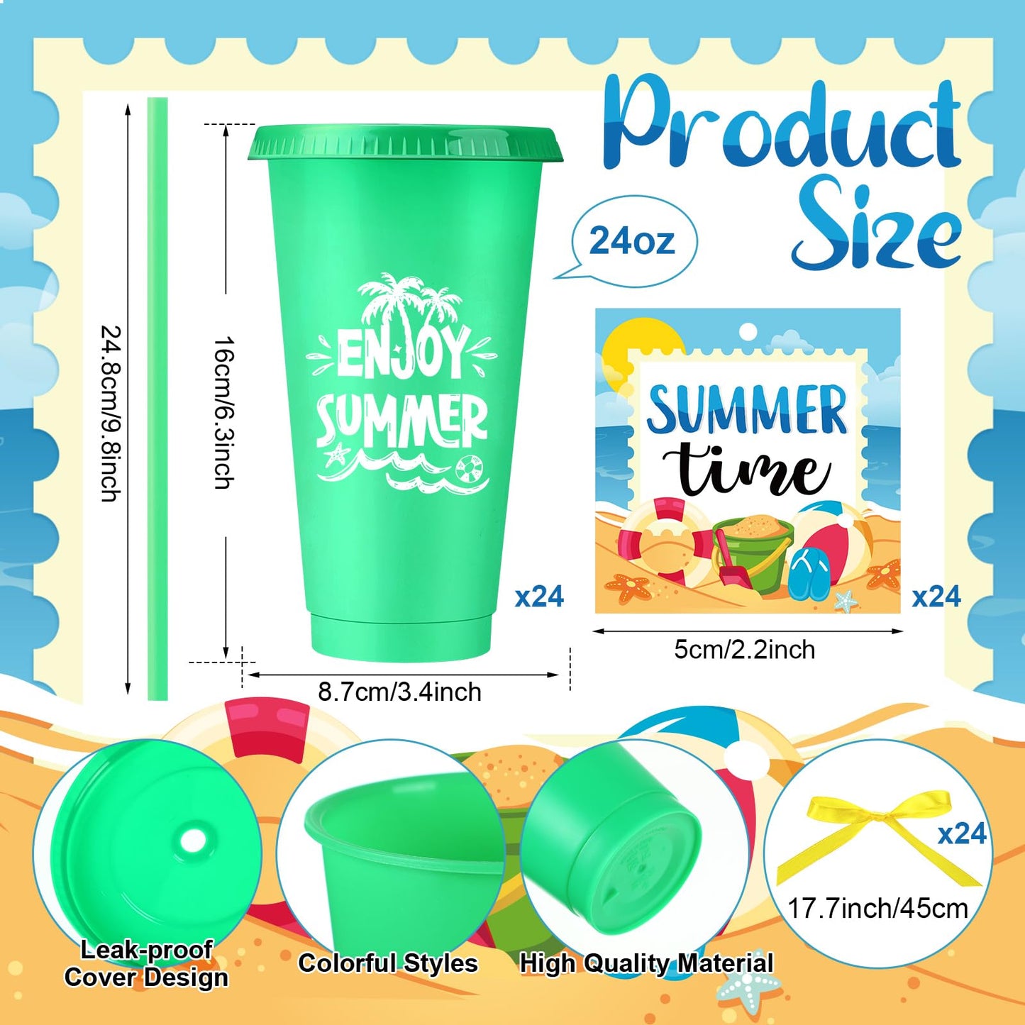 Honeydak 24 Sets End of the Year Gifts for Students Summer Tumbler Bulk 24 oz Plastic Tumbler Cup with Lids Straws and Greeting Card Appreciation Gift for Summer Beach Pool Party Favors Prizes