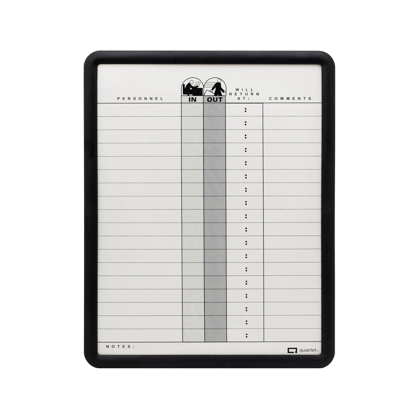 Quartet In and Out Dry Erase Magnetic Board 11"W x 14"H, In & Out Personnel Matrix for 18 Names, DuraMax Porcelain, Black Frame (750)
