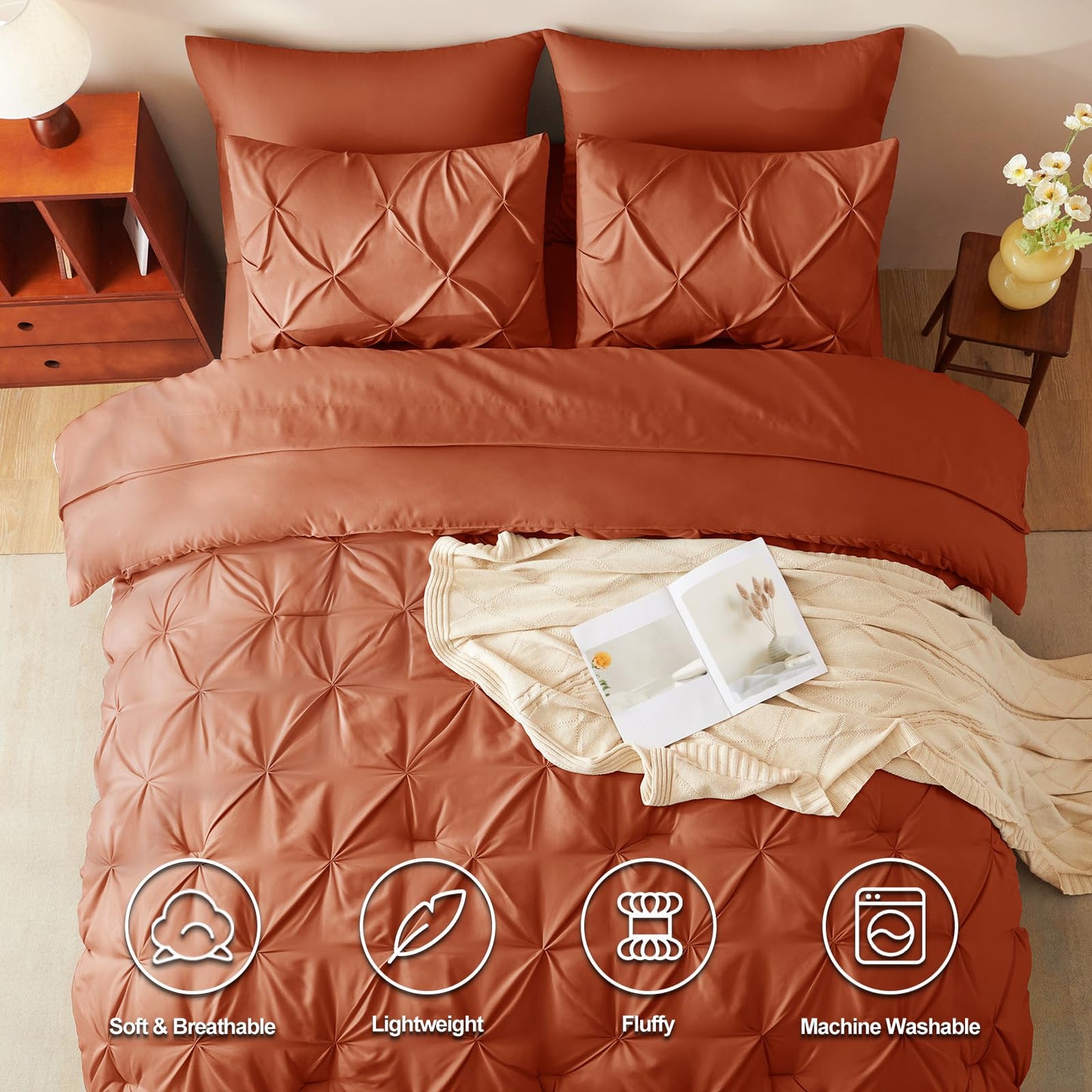 HIMEET Queen Comforter Set Burnt Orange - 7 Pieces Pintuck Bed in a Bag, Pinch Pleat Modern Room Decor, All-Season Soft Bedding Gift with Comforter, Sheets, Pillowcases & Shams