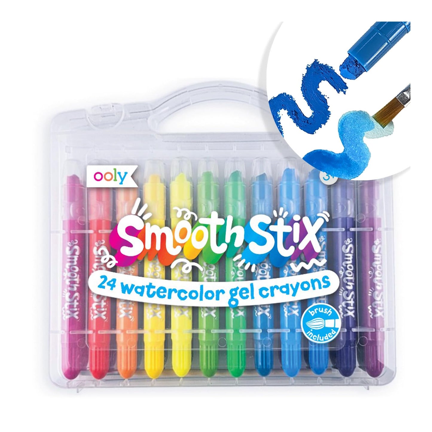 Ooly Smooth Stix Gel Crayons for Kids and Adults with Paint Brush - Set of 24 Watercolor Rainbow Crayons for Glass and Paper with Clear Plastic Crayon Case, Twist-Up Gel Crayon Set, Back to School