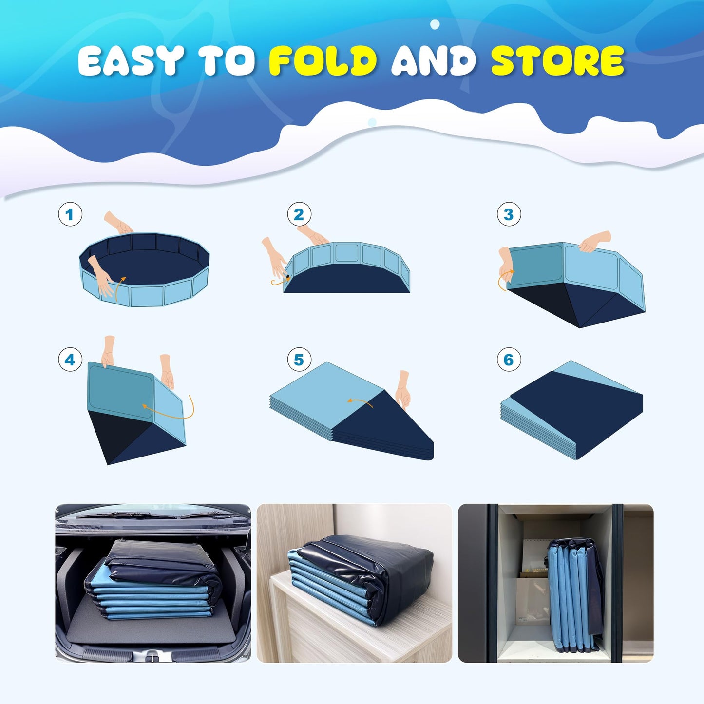 COMMOUDS Foldable Dog Pool, Collapsible Hard Plastic Dog Kiddie Swimming Pool, Portable Pet Bath Tub Wading Pools for Kids and Puppy Small Medium Large Dogs (48inch.D x 12inch.H)