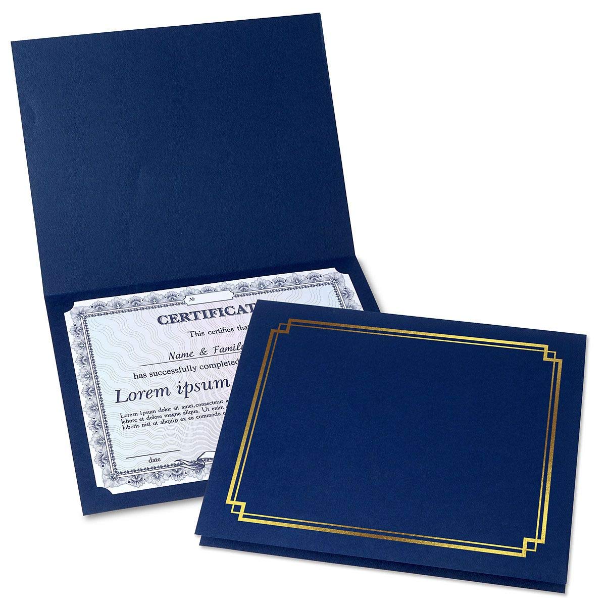 Classic Blue & Gold Certificate Folders - Pack of 50, Linen Cover 80 lb. Stock, Folded, Die-Cut Corners, for Office, Business Awards, Graduation, School Diploma Holder, 9-1/2" x 12"
