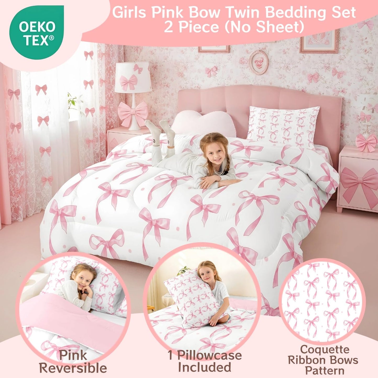 Erosebridal Cute Pink Bow Twin Bedding Set for Girls,Ribbon Bow Knot Comforter Set for Kids Kawaii Room Decor,Princess Bowknot Bed Set Girly Pink Bows Bedding Comforter Sets,1 Pillowcase
