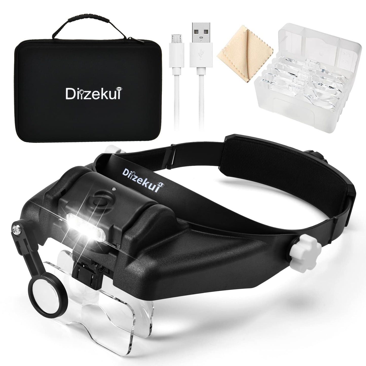 Dilzekui Magnifying Glass with Light 1X to 14X, Rechargeable Magnifying Glasses, Head Mount Manifying Glass, Headset Magnifier with Detachable Lens, Headband Magnifier for Close Work Jewelers Crafts