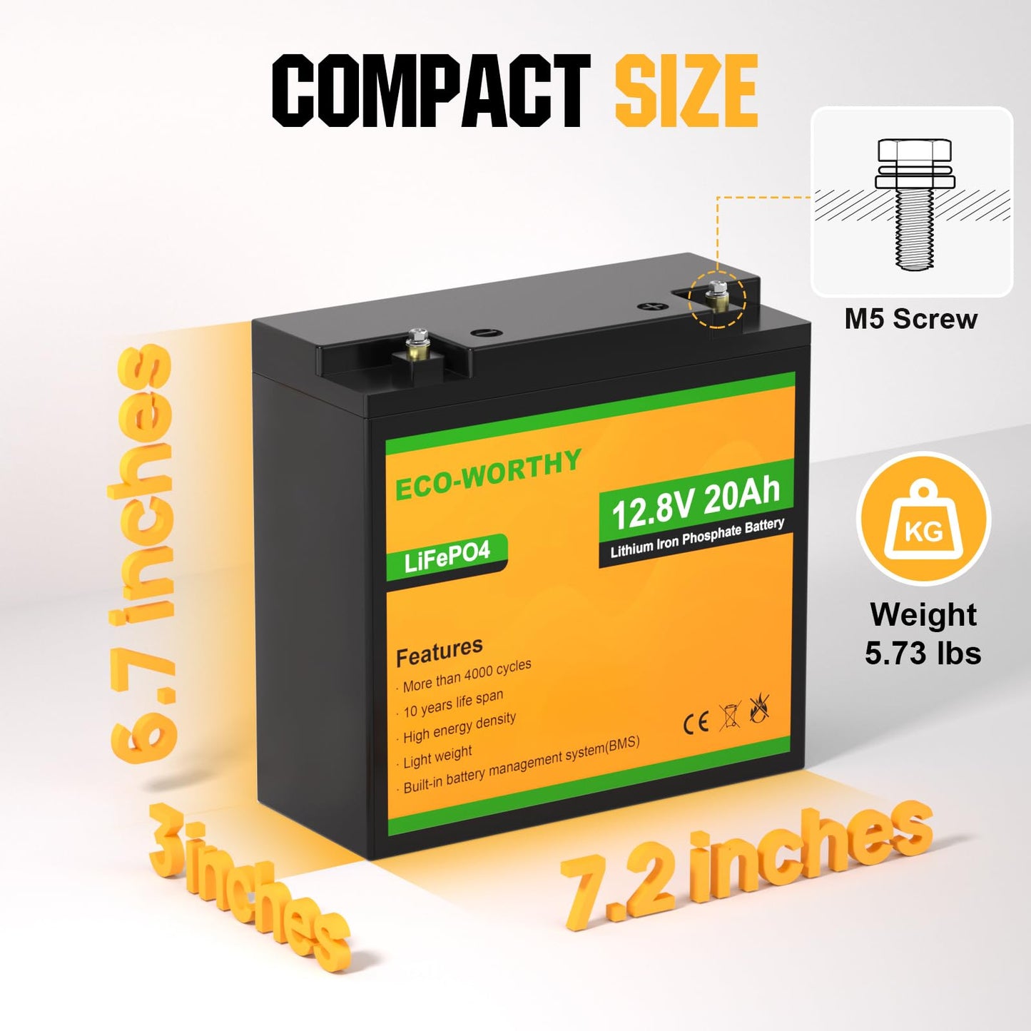 ECO-WORTHY 12V 20Ah LiFePO4 Lithium Battery, 4000+ Deep Cycle Rechargeable Battery with BMS for Trolling Motor, Mobility Scooter, Fish finder, Kids Scooters, Power Wheels, Outdoor Camping