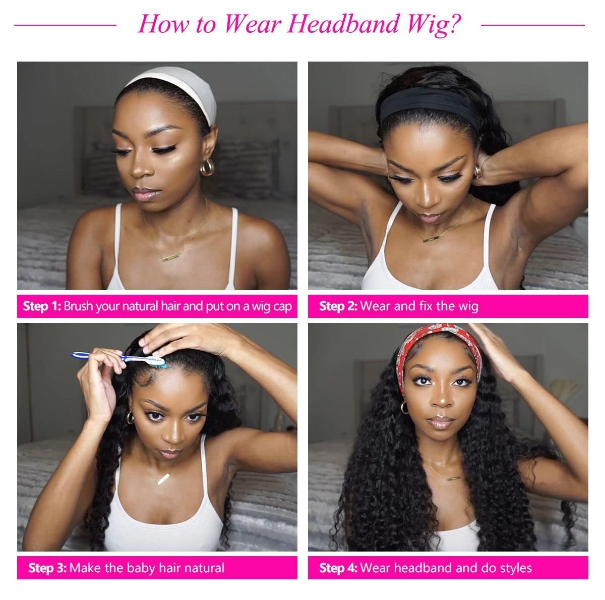 Youngirl Deep Wave Headband Wig Human Hair 14 Inch Curly Headband Wigs for Black Women Human Hair Glueless None Lace Front Wigs Brazilian Virgin Hair Wig Machine Made 150% Density Natural Black Color