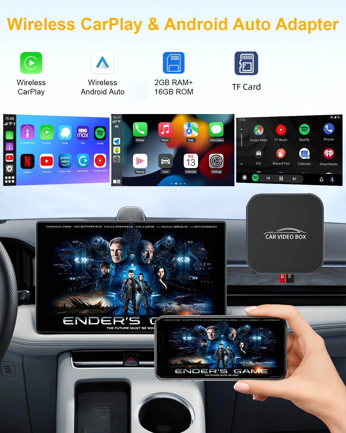 5-in-1 Wireless CarPlay Adapter with Netflix/YouTube/TF, Android Auto & Carplay Adapter with USB-A and USB-C Cables,Convert Wired to Wireless Apple Dongle, Magic Video Ai Box Car Play for iOS 10+