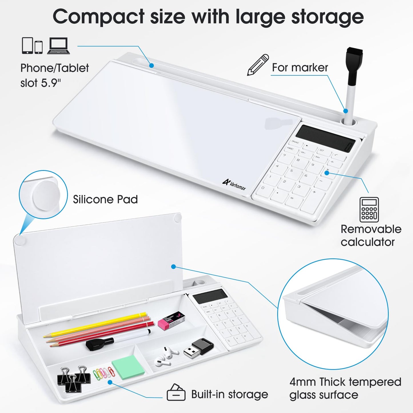 Varhomax Glass Desk Whiteboard with Calculator, Desktop Dry Erase White Board with Storage, to Do List Memo Notepad for Home and Office