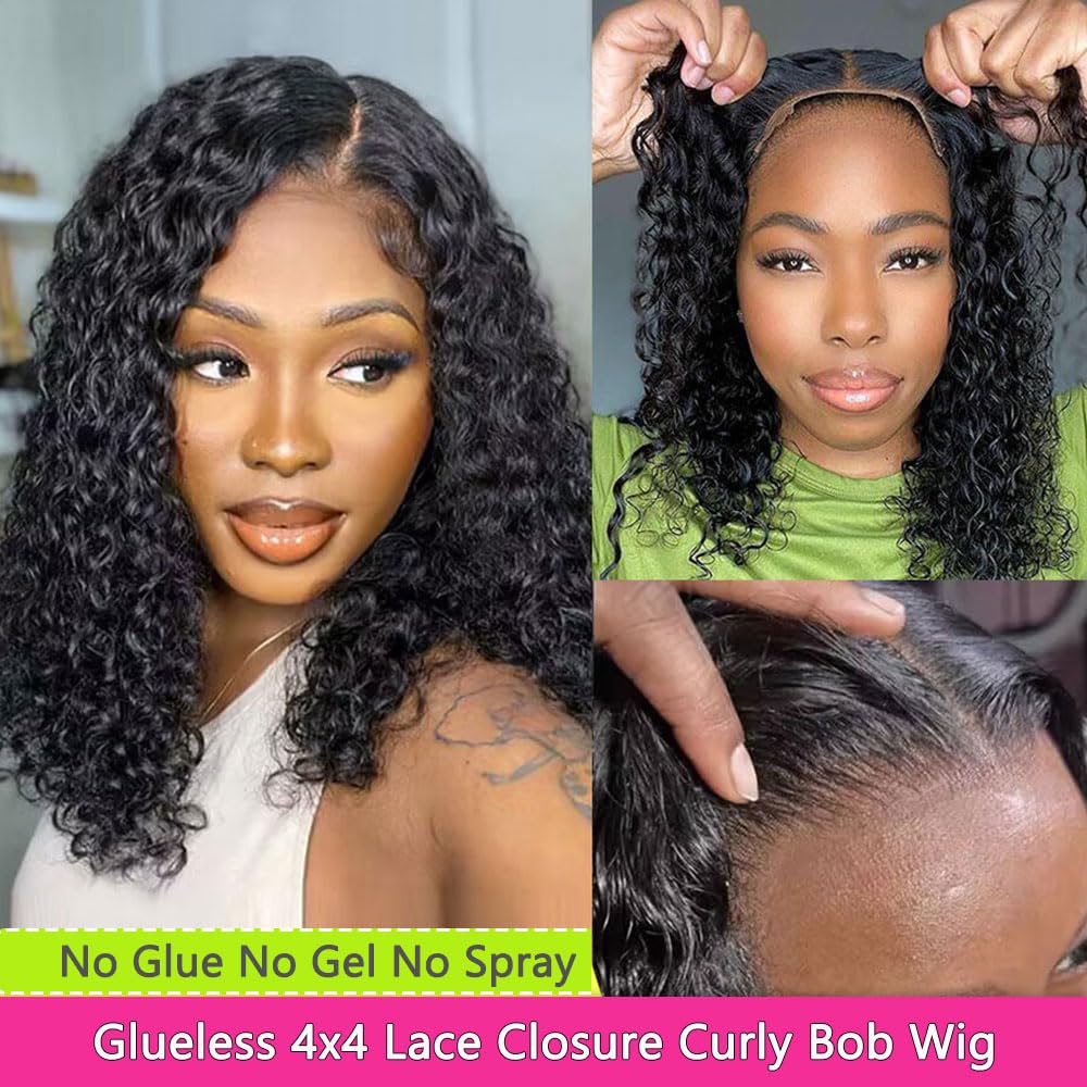 GOLFMAX Wear and Go Glueless Wigs Human Hair Pre Plucked Pre Cut Short Bob Wigs With Elastic Band For Black Women Deep Wave Curly 4x4 Closure Wig Water Wave Wigs Human Hair 12 Inch