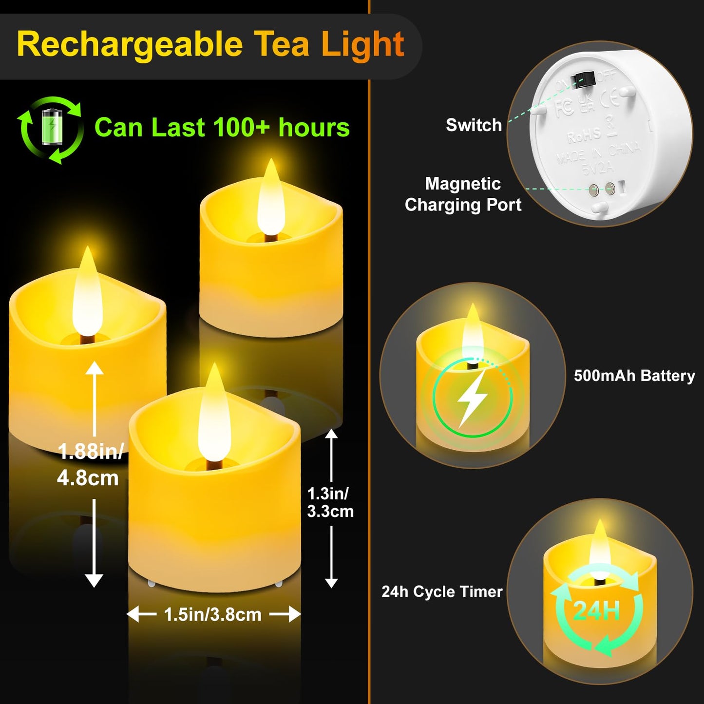YiaMia 12 Pack Upgraded Rechargeable Tea Lights with Magnetic Wireless Charging Base, Flameless LED Candles with Remote and Timer, 100+H Battery Operated Candles for Votive Wedding Halloween Christmas
