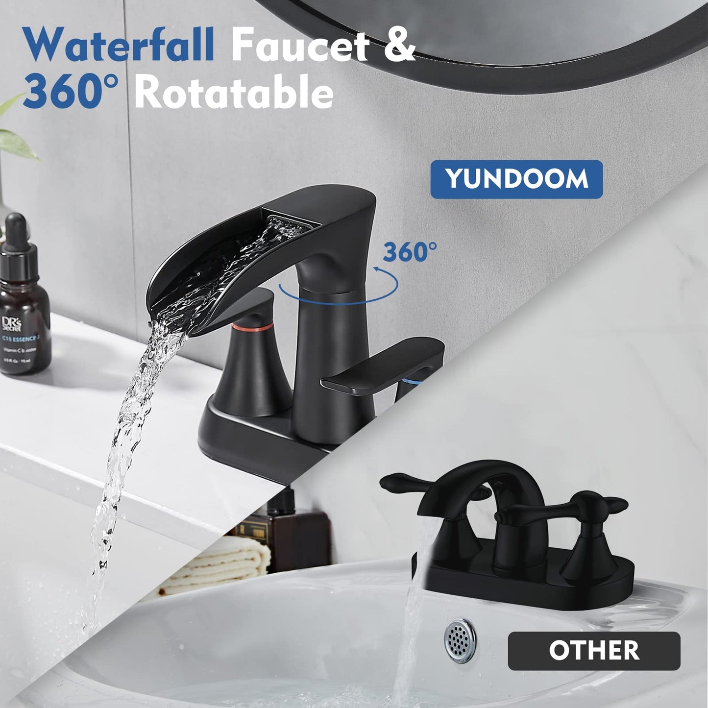 YUNDOOM Bathroom Faucet, 4 Inch Centerset, Waterfall, 2 Handle, Matte Black, 3 Hole, 360 Degree Swivel Spout, Pop Up Drain Included