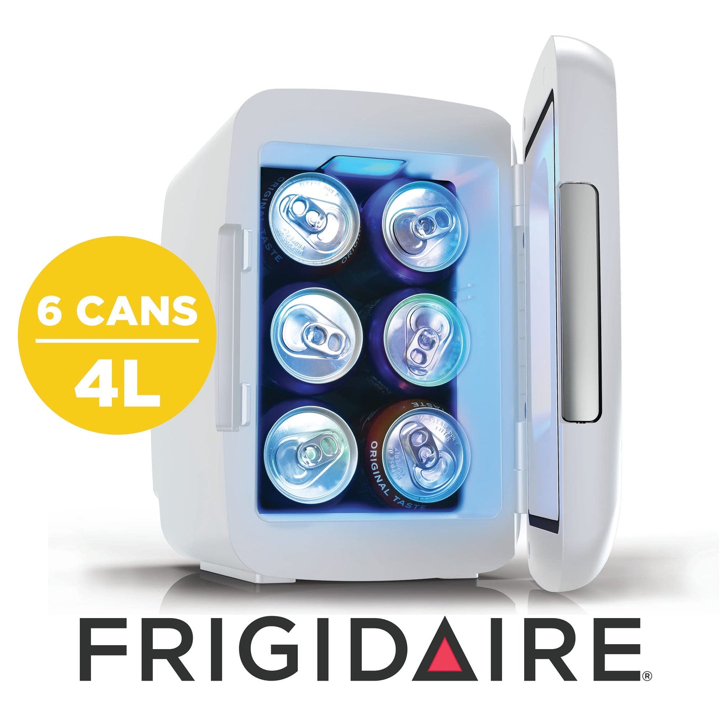Frigidaire Gaming Light Up Mini Beverage Refrigerator, 6 can, 4 liters, Cooler with large see through door and LED lights Perfect for Gaming Experience, Home, Office, or Cars.12V Charger (White)