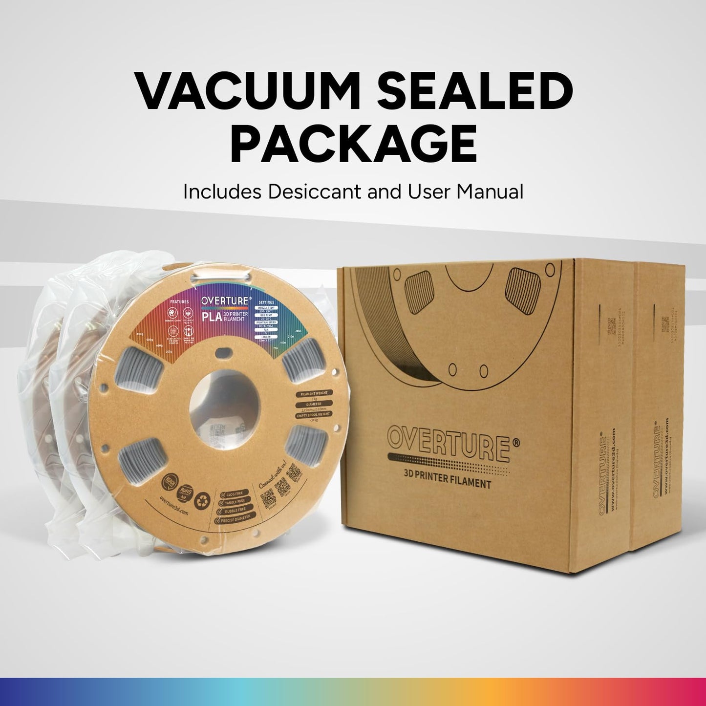 OVERTURE 2KG Bundle PLA Filament 1.75mm, Neatly Wound 3D Printer Filament 2 Pack 1kg Spool (2.2lbs), Dimensional Accuracy +/- 0.02 mm, Fit Most FDM 3D Printers (Light Gray 2-Pack)
