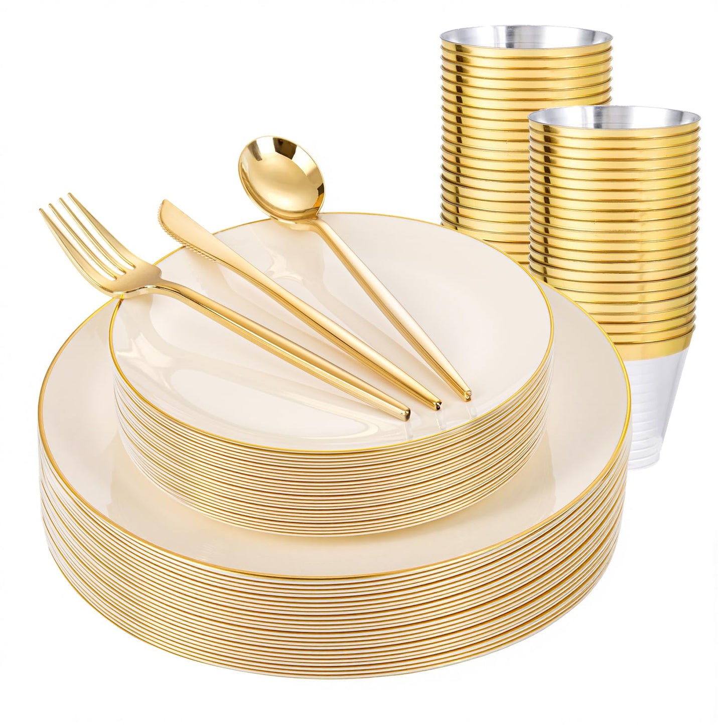 bUCLA 150PCS Ivory Plastic Plates with Gold Trim - Heavy Duty Cream Plastic Disposable for Party & Wedding - Include 25 Each（Dinner & Dessert） Plates, 25 Knives, 25 Forks, 25 Spoons & 25 Cups