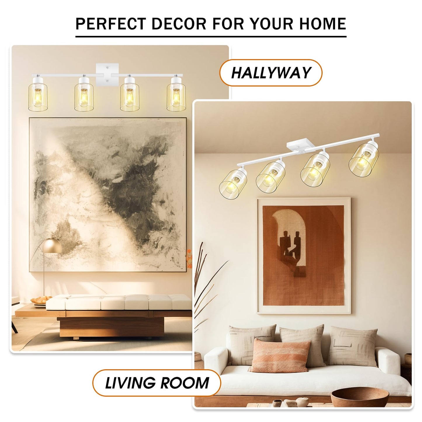 Track Lighting, LED Track Light Fixtures Ceiling Kitchen, 30" 4 Way Ceiling Lights with Clear Glass Shade, Wall Light Fixture with Rotatable Head, White Home Decor for Bathroom Vanity(E26, NO Bulb)