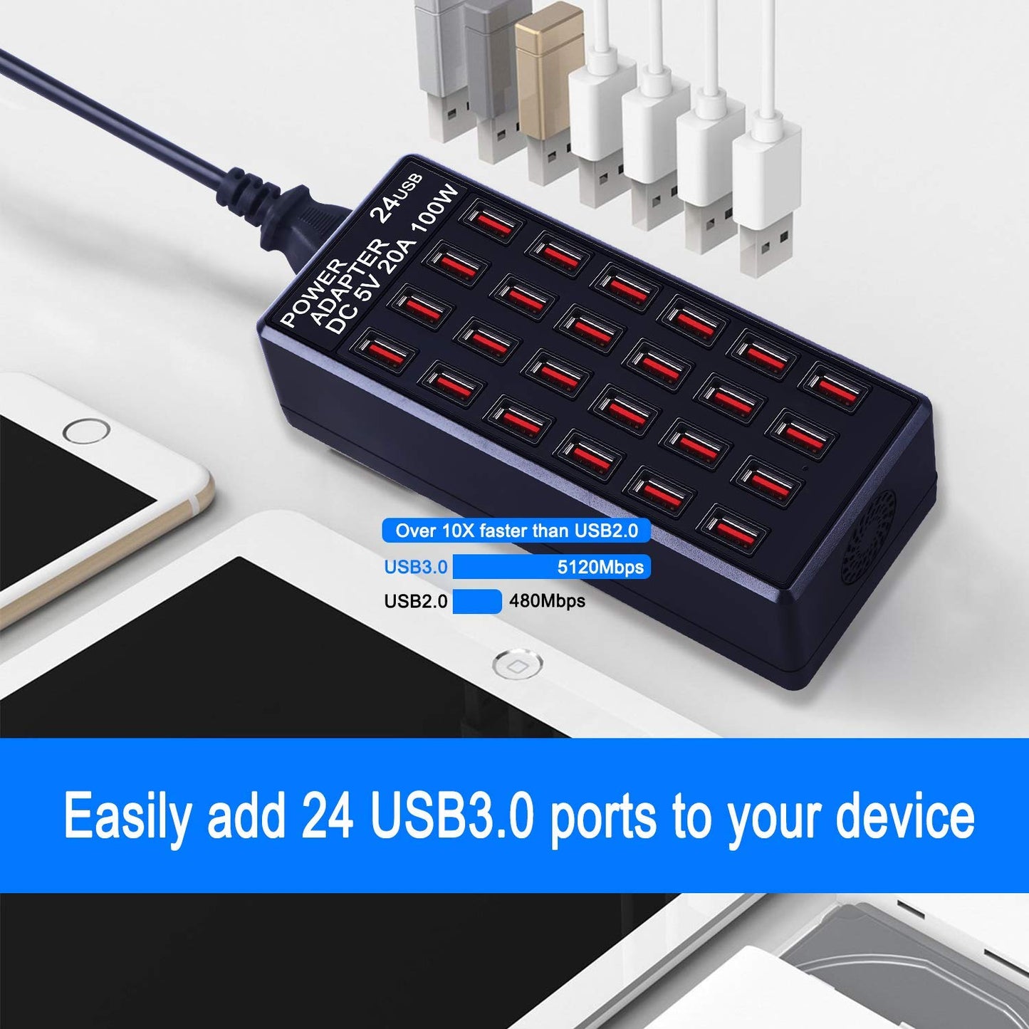 24-Port 100 watt (20 A) USB Charging Station, Home Desktop Fast Charger, Multiple Chargers, Suitable for Hotels, Shops, Schools, Shopping malls and Travel