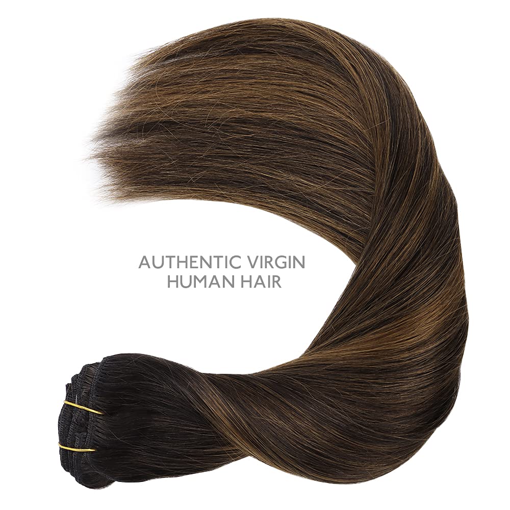 WENNALIFE Clip in Hair Extensions Real Human Hair, 14 Inch 120g 7pcs Dark Brown to Chestnut Brown Balayage Hair Extensions Clip In Human Hair Remy Clip in Hair Extensions Real Human Hair Double Weft