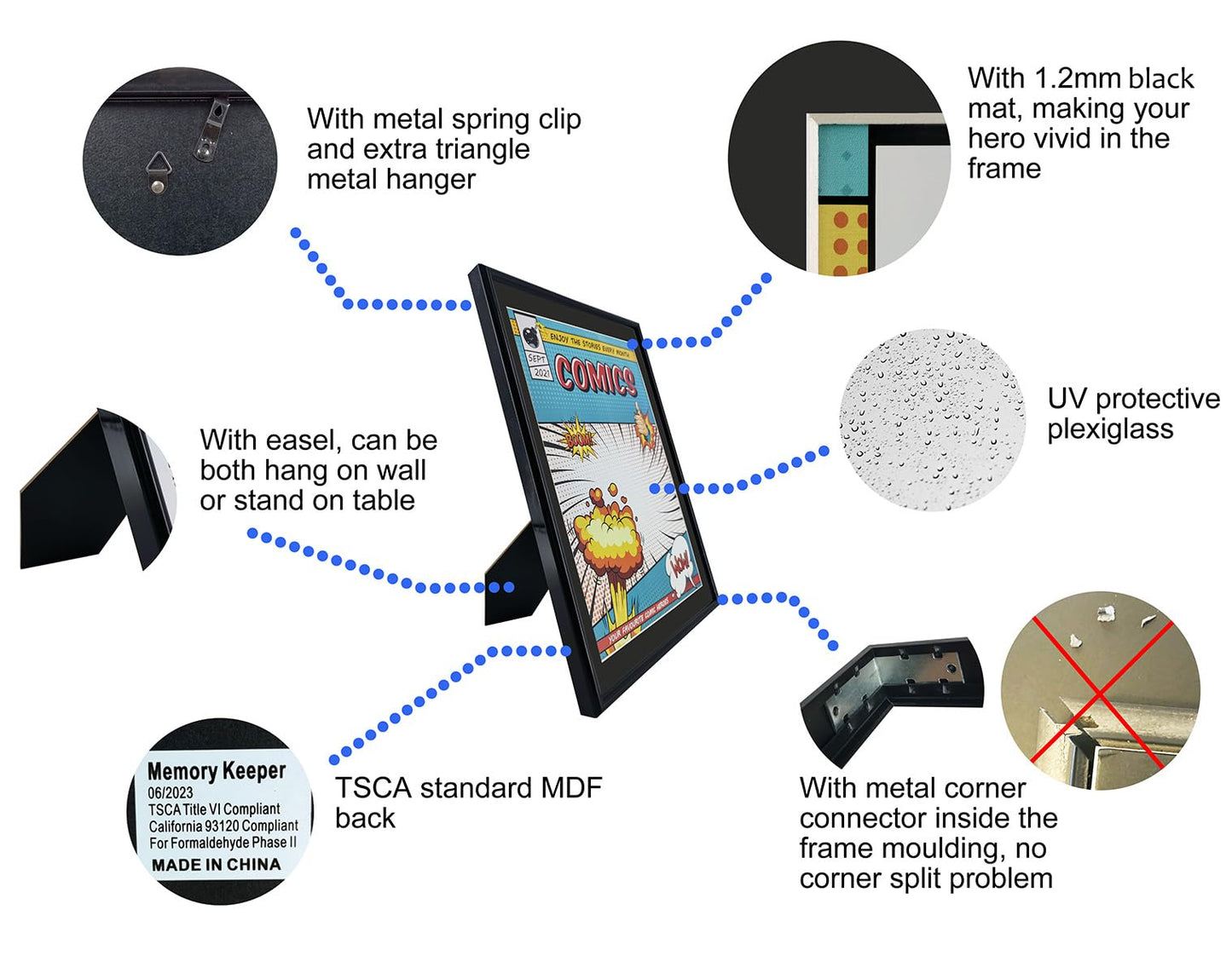 Memory Keeper Comic Book Frame, 8 Pack, UV Protection,Black Mat, Fits Current Comics up to 6 3/4" x 10 1/4", Wall or Tabletop Display,Spring Clips for Thicker Comics as Well