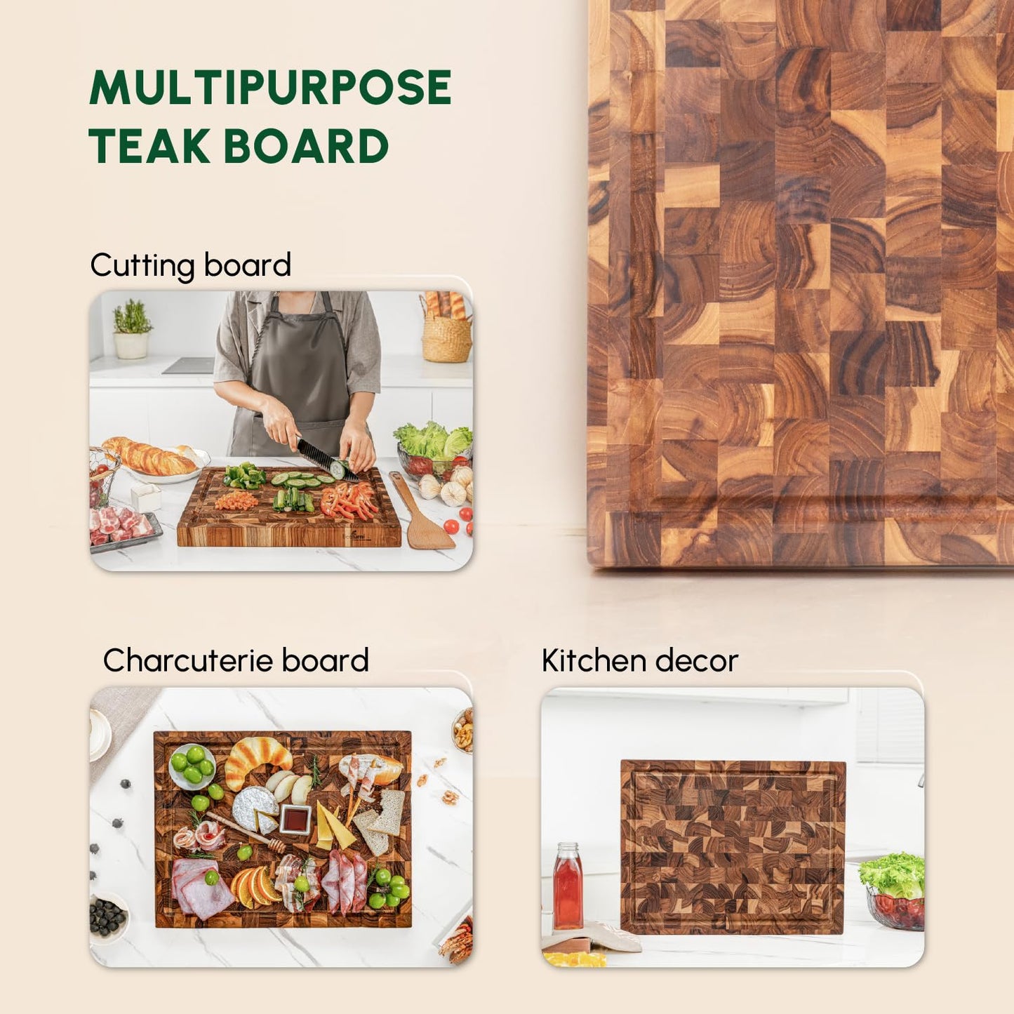 BEEFURNI Teak Wood End Grain Cutting Board (M, 18x14x1.5"), Wooden Cutting Boards for Kitchen with Juice Groove Hand Grip, Durable Serving Board, Charcuterie Boards, Christmas Gifts, 1 Year Warranty