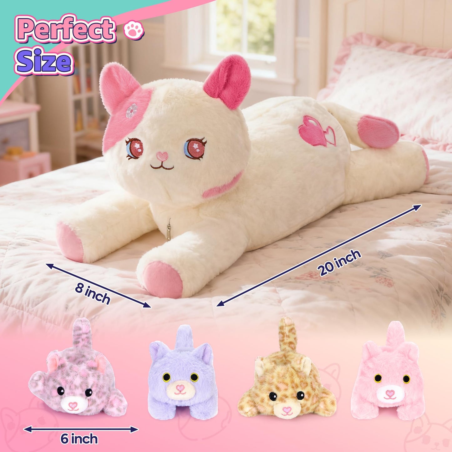 Onsoyours Original 5PC Cat Stuffed Animals with Babies Inside, Kawaii Kiity Plush with Mommy & 4 Kittens - Cute Plushies Toys for Girls Kids (Pink)