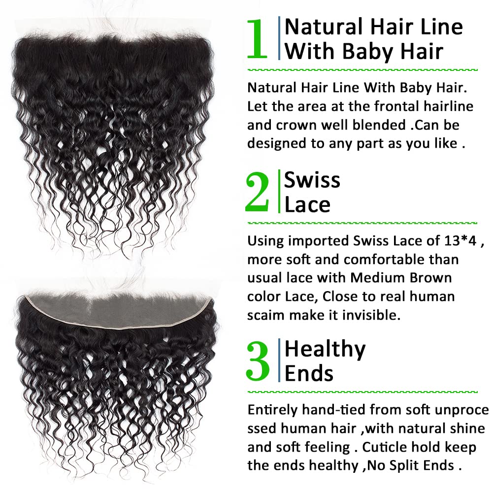 Lace Frontal Closure 13x4 Ear to Ear HD Transparent Lace Frontal Water Wave Brazilian Virgin Human Hair Extensions Frontal Bleached Knots Pre Plucked With Baby Hair Natural Color 18 Inch