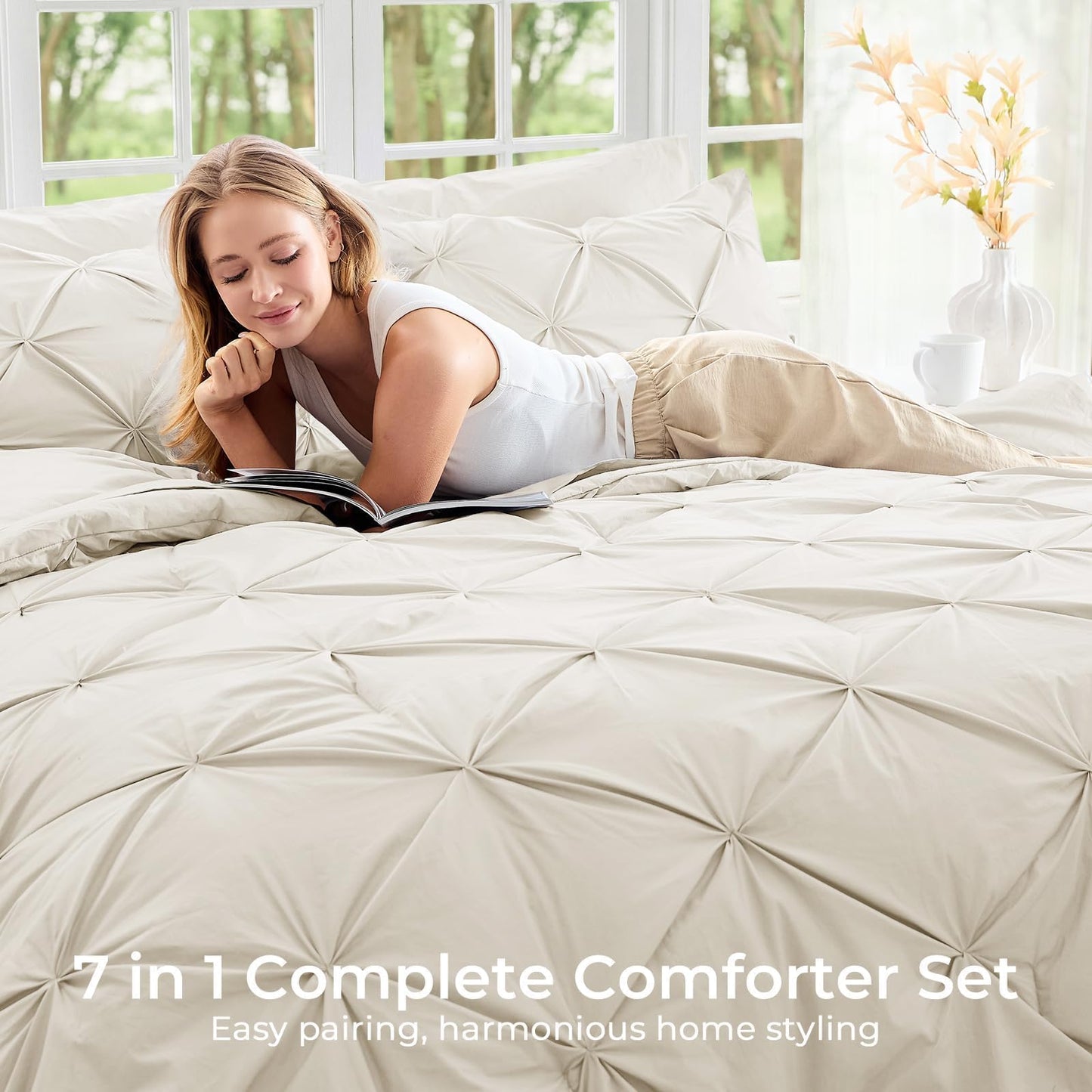 Sasttie King Size Comforter Set, 7-Piece Bed in a Bag, Pintuck Bedding Set for All Season, Includes Comforter, Flat Sheet, Fitted Sheet, Pillowcases and Pillowshams, Beige