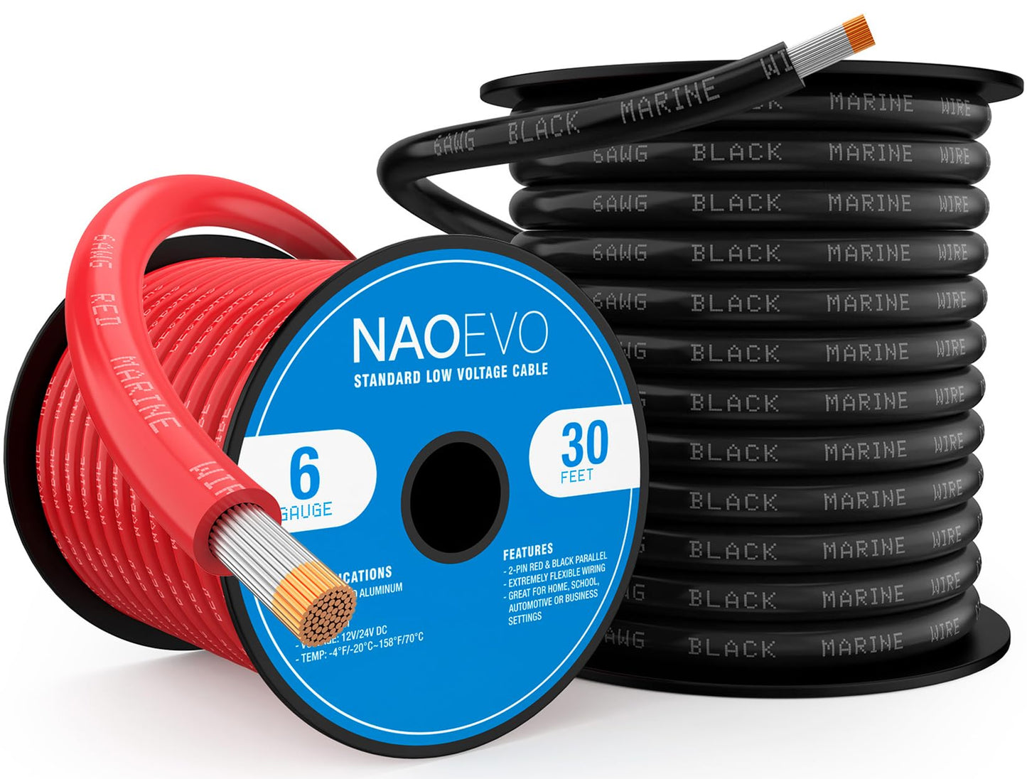 NAOEVO 6 Gauge Marine Wire, 6 AWG Tinned Copper PVC Marine Grade Wire, IP68 Waterproof/Corrosion-Resistant Electrical Cable for Boat, RV, Automotive, Solar, Trolling Motor (30 ft Black + 30 ft Red)