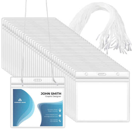 Eaasty 200 Pack Name Badge Holders Neck Tag Holder Lanyard with String 3 x 4 Inches Clear Name Tag Lanyard Style Badges with Labels Waterproof for Meeting Seminar Show Event and Conference
