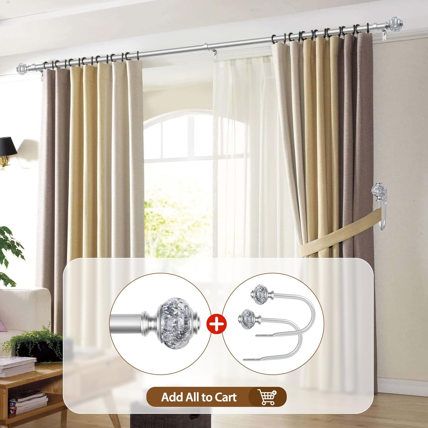 USFOOK 2 Pack Silver Curtain Rods for Windows 48 to 84 Inch, 7/8 inch Telescoping Splicing Drapery Rods 32 to 86 Inch, Decoration for Home with Decorative Translucent Finials