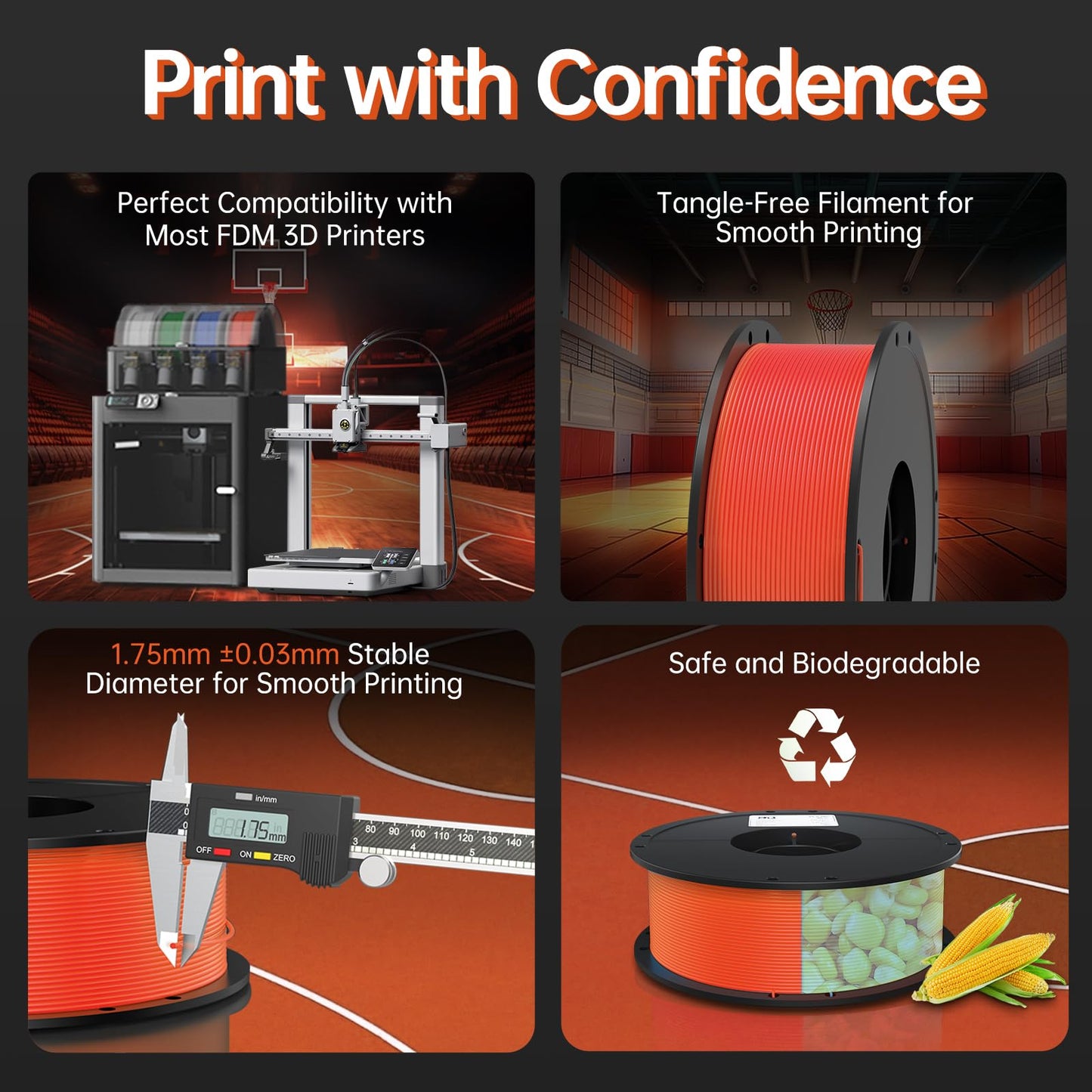 BIQU PLA-HR Flexible 3D Printer Filament Specifically for Printing Airless Basketballs, 1.75mm 1KG Spool (2.2lbs), Flexi Tough Filament Compatible with Most FDM 3D Printer (Orange)