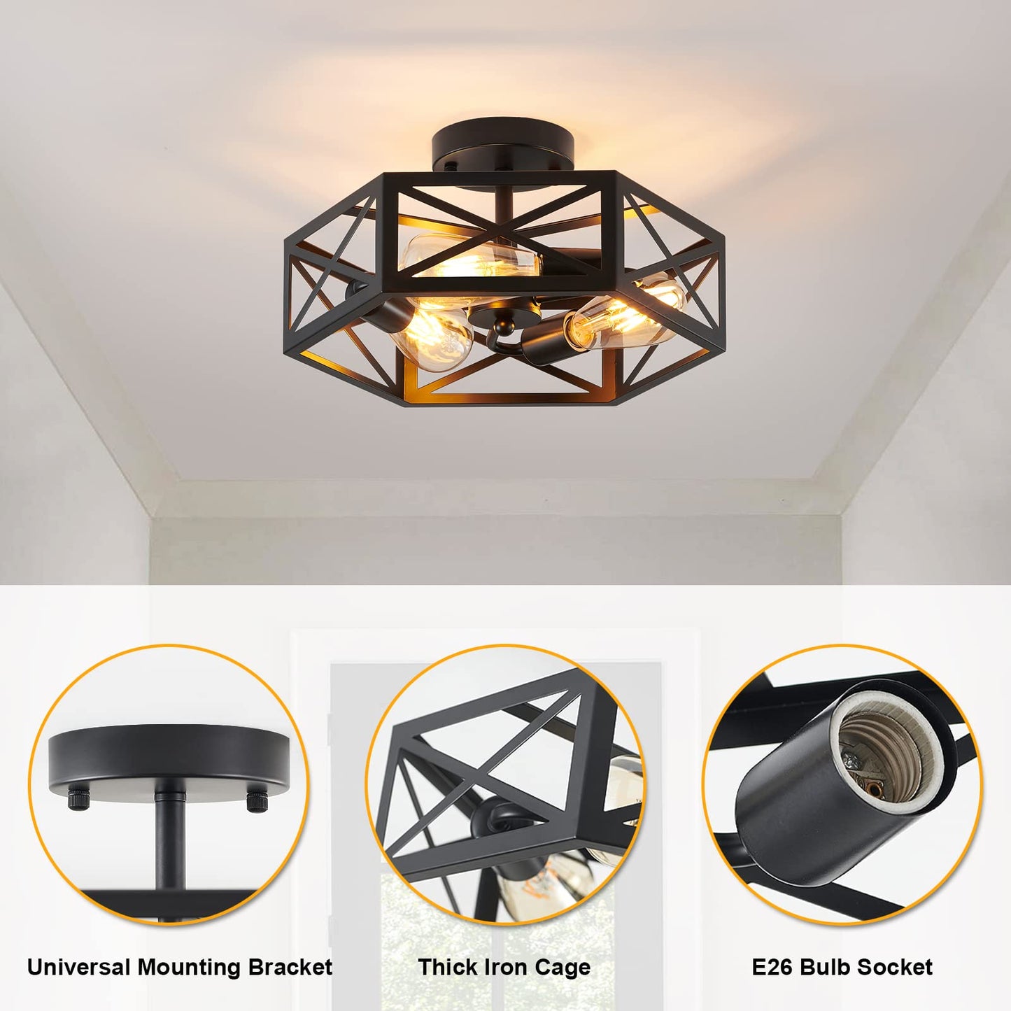 XSDeTu Semi Flush Mount Ceiling Light Fixture, Modern Farmhouse 3-Light Black Ceiling Light, Industrial Close to Ceiling Light with Metal Hexagon Cage Ceiling Lamp for Kitchen, Hallway, Bathroom