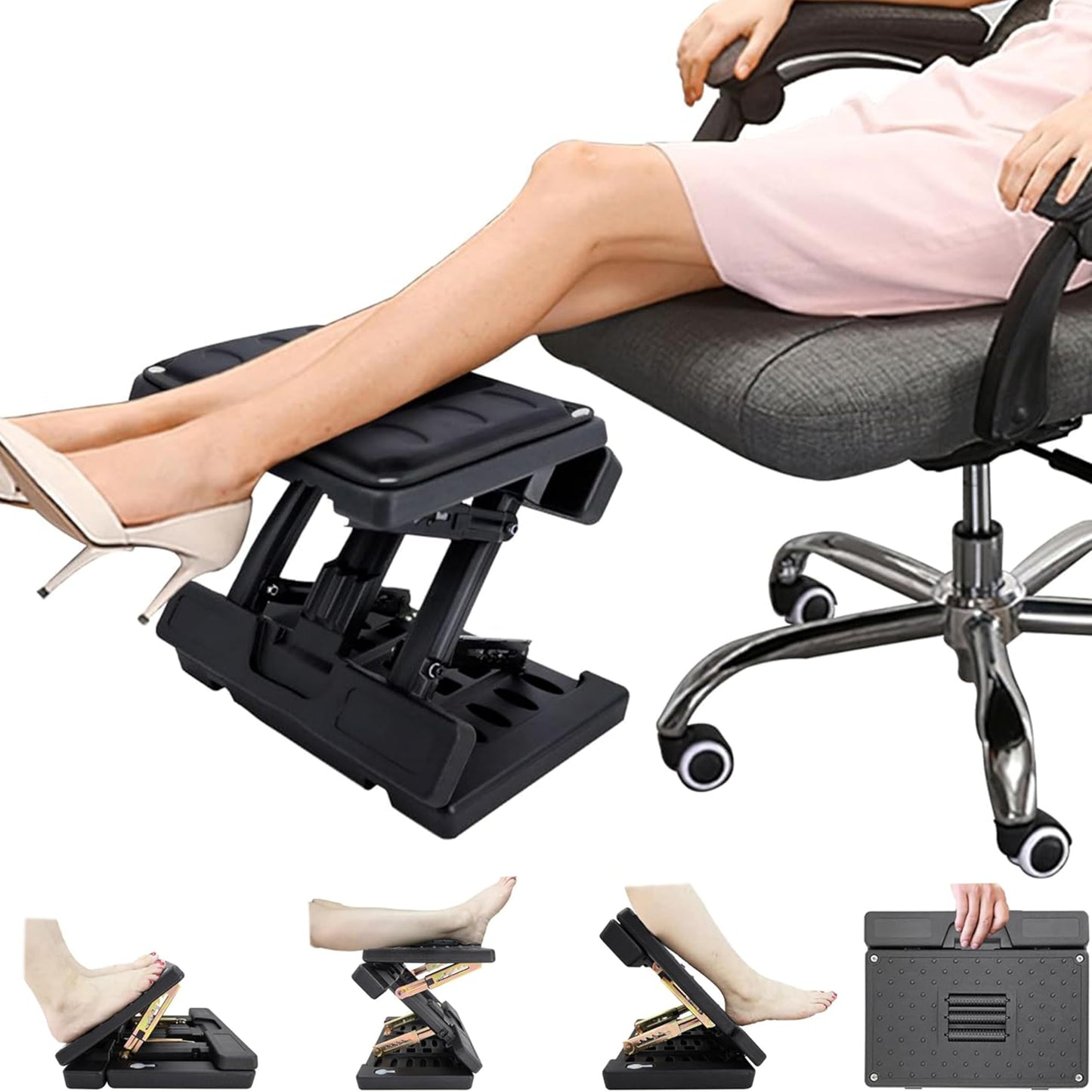 Kalnweis Under Desk Footrest - Detachable Memory Foam Cushion & Massage Roller, Tool-Free Height & Angle Adjustable Foot Stool, Ergonomic Leg Rest for Office, Home & Gaming Comfort, (Black Plus)