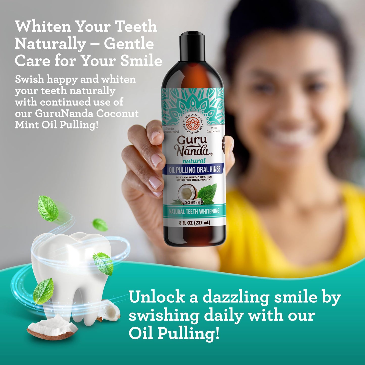 GuruNanda Coconut Oil Pulling, Fresh Breath & Whitening Mouthwash, 7 Essential Oils & Vitamins for Healthy Teeth & Gums,Alcohol-Free, 3X8 oz