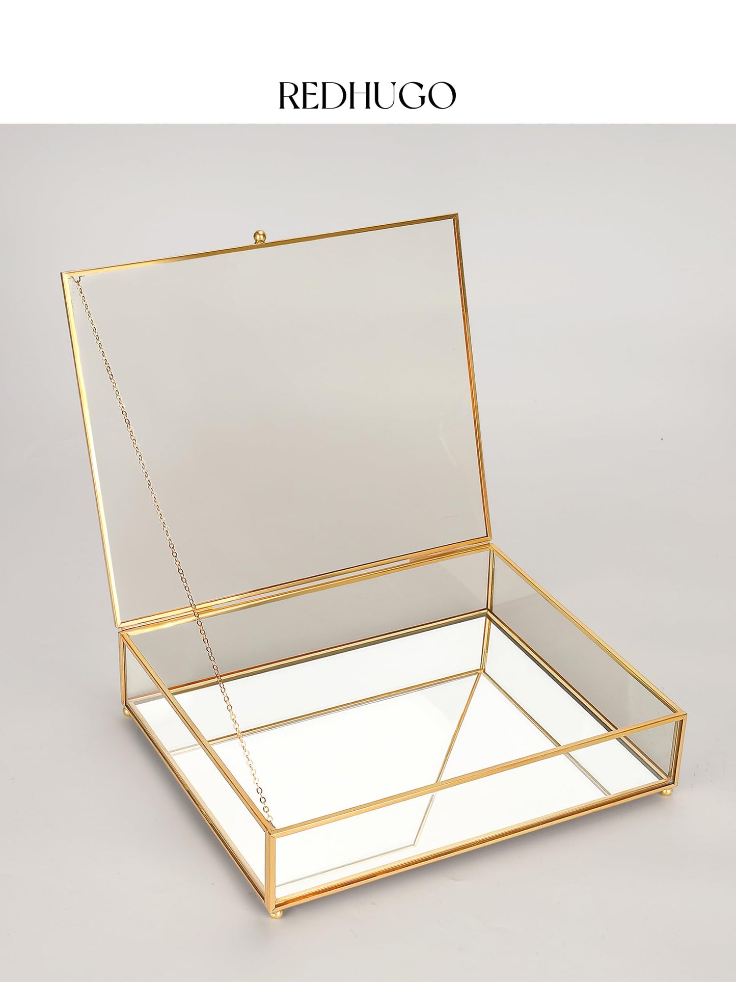 REDHUGO Large Glass Boxes for Display Handmade, Mirrored Bottom, Glass Jewelry Trinket Box with Lid, for Book, Photo, Keepsake Organizer, Display Case for Vanity Decor Home Dresser, Gold