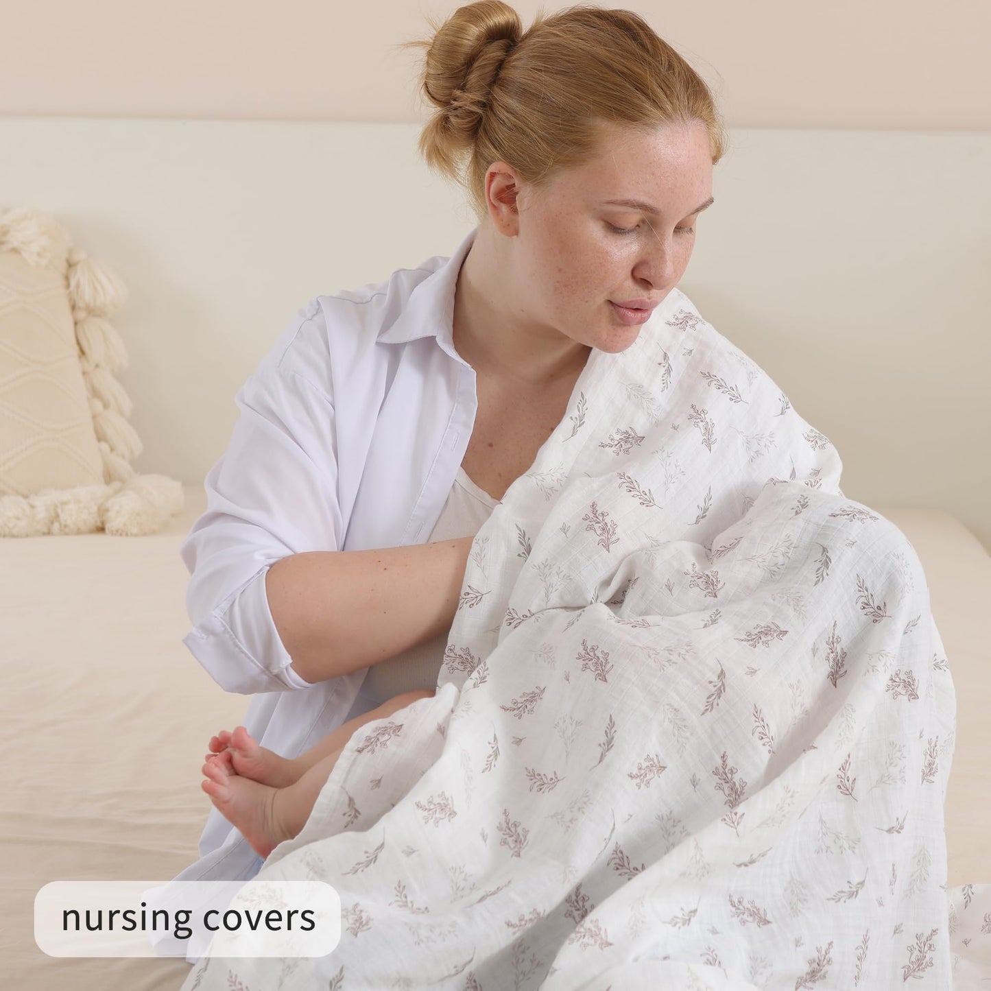 POMISO Muslin Swaddle Blankets for Boys and Girls, Soft Cotton Baby Swaddle Blankets for Unisex, 47 X 47 inches Muslin Swaddles, 4 Pack Leaves & Warmth Colors