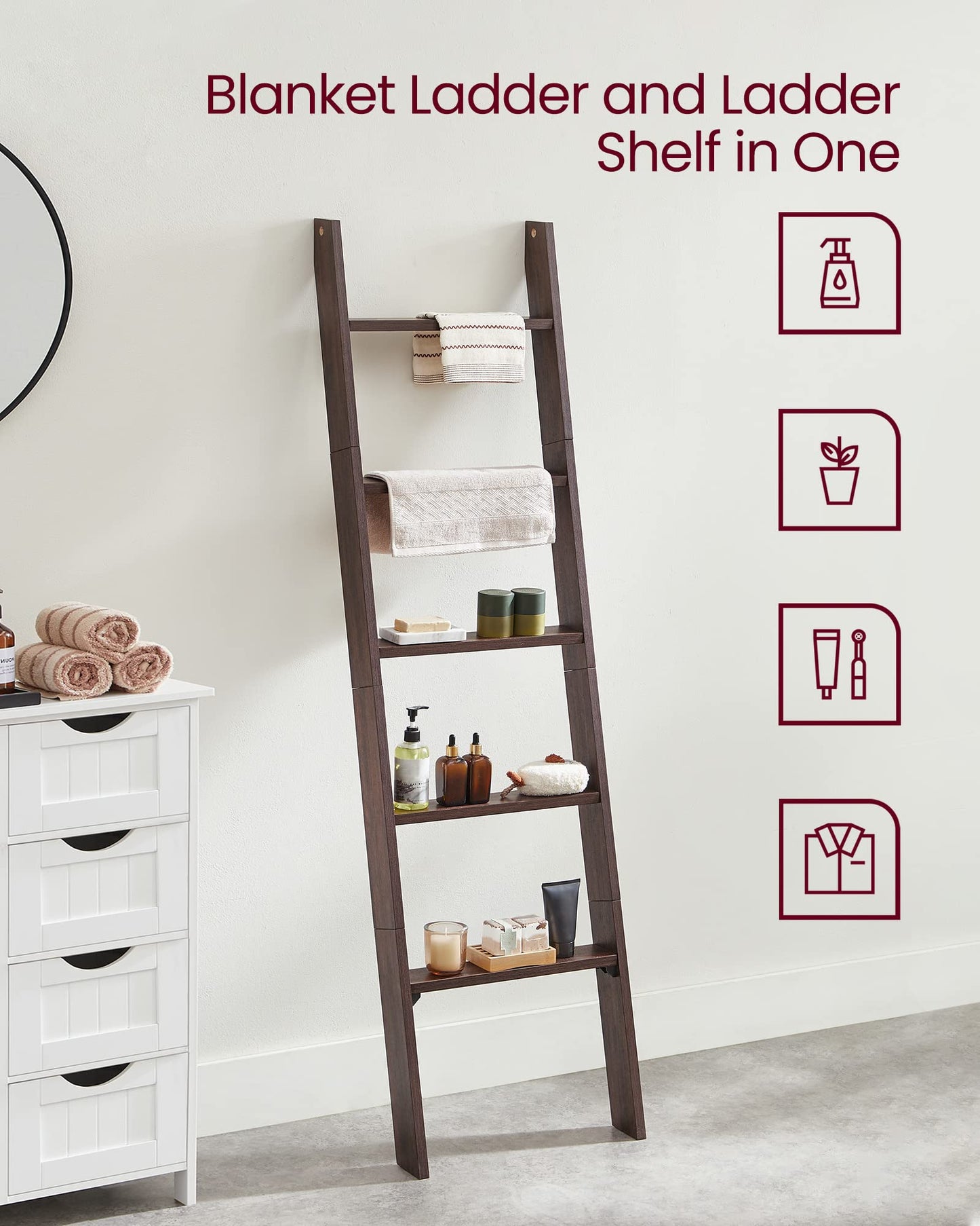 VASAGLE Blanket Ladder Decorative Farmhouse for The Living Room, 5-Tier Ladder Shelf, Ladder Rack for Storage and Decor, Maroon Brown ULLS018T51