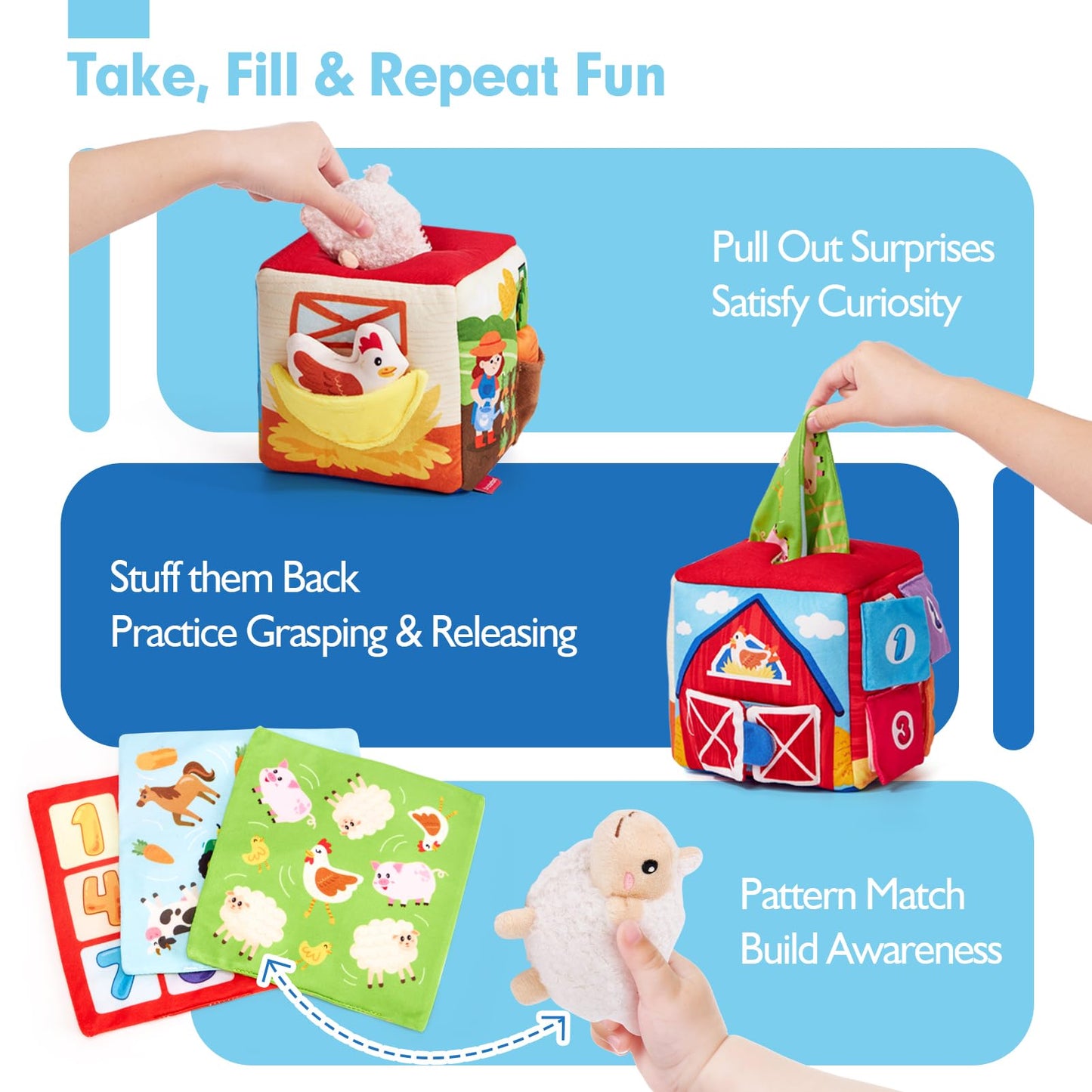 hahaland Baby Toys 6-12 Months - 13Pcs Surprise Developmental Box with Stuffed Farm Animals, Rattle, Crinkle Tissue, Squeaker, Mirror, Soft Activity Sensory Toy Montessori Toy for Babies