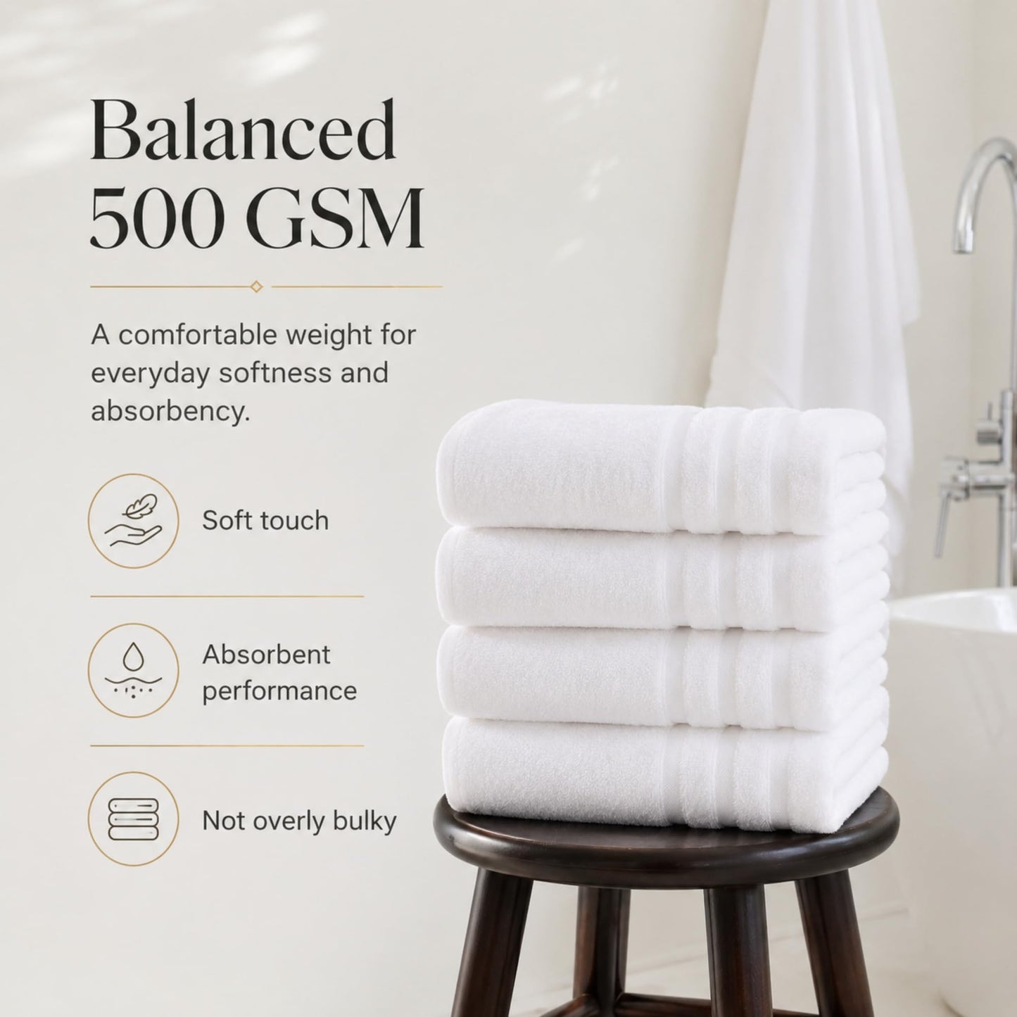 Velqora Bath Towels 4 Pack, Large 30 x 60 Inches, 100% Cotton, Soft & Absorbent Bathroom Towels for Everyday Use, White