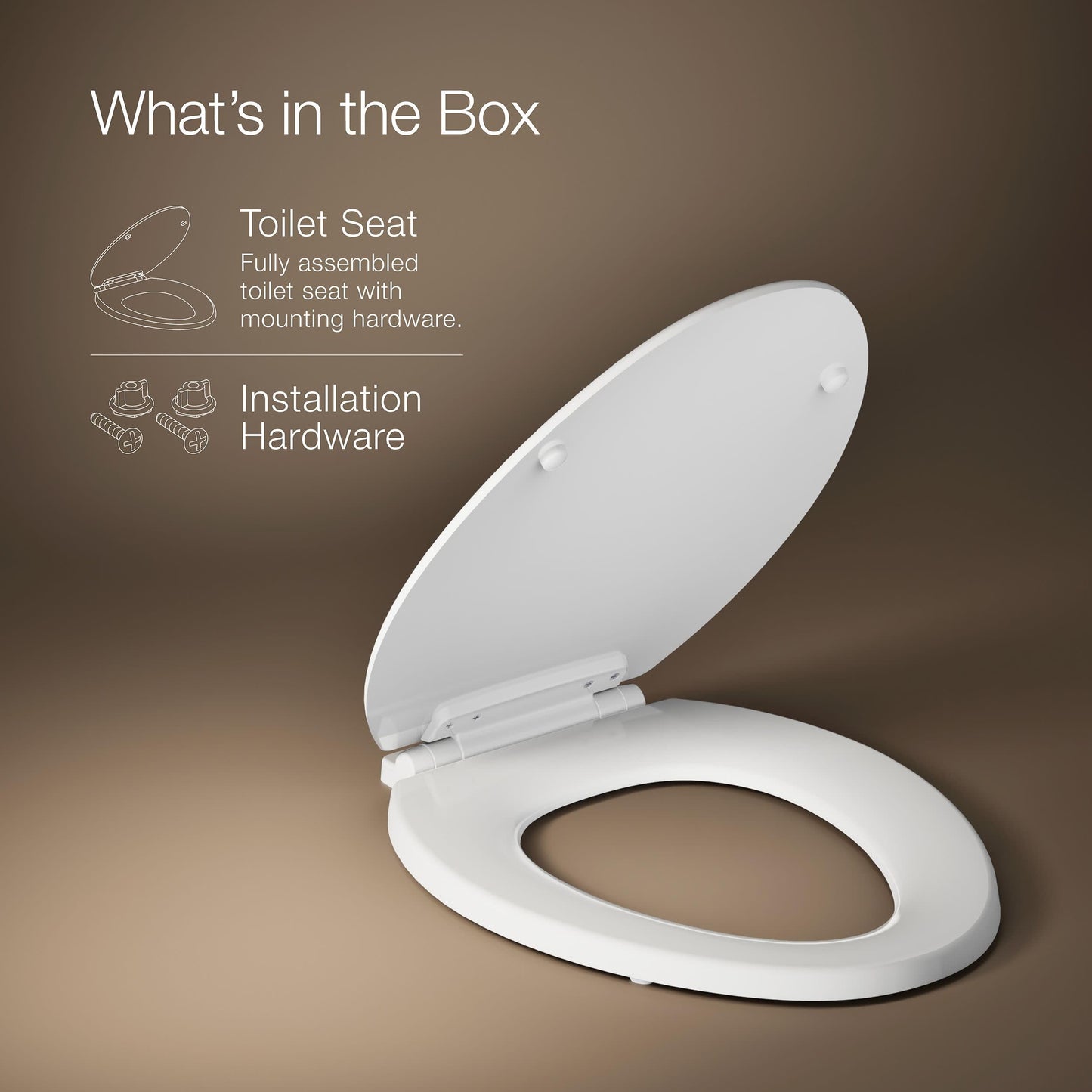 KOHLER Broadwood Quiet-Close, Elongated Toilet Seat Soft Close, Durable Wood, Easy Installation, Universal Fit, Home Essentials, White Finish, K-25881-0