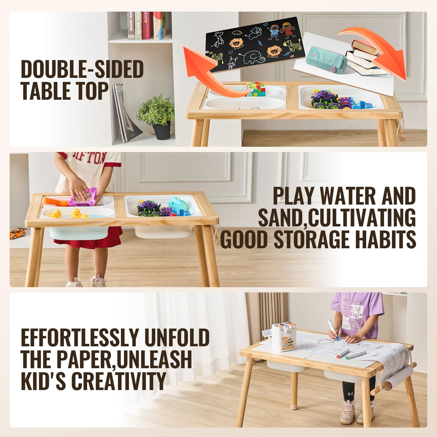 VEVOR Sensory Table for Toddlers, Activity with 3 Foldable Storage Bins, Paper Roll Holder, Indoor/Outdoor Play Sand and Water, Wooden Drawing Table, Gift for Boys Girls